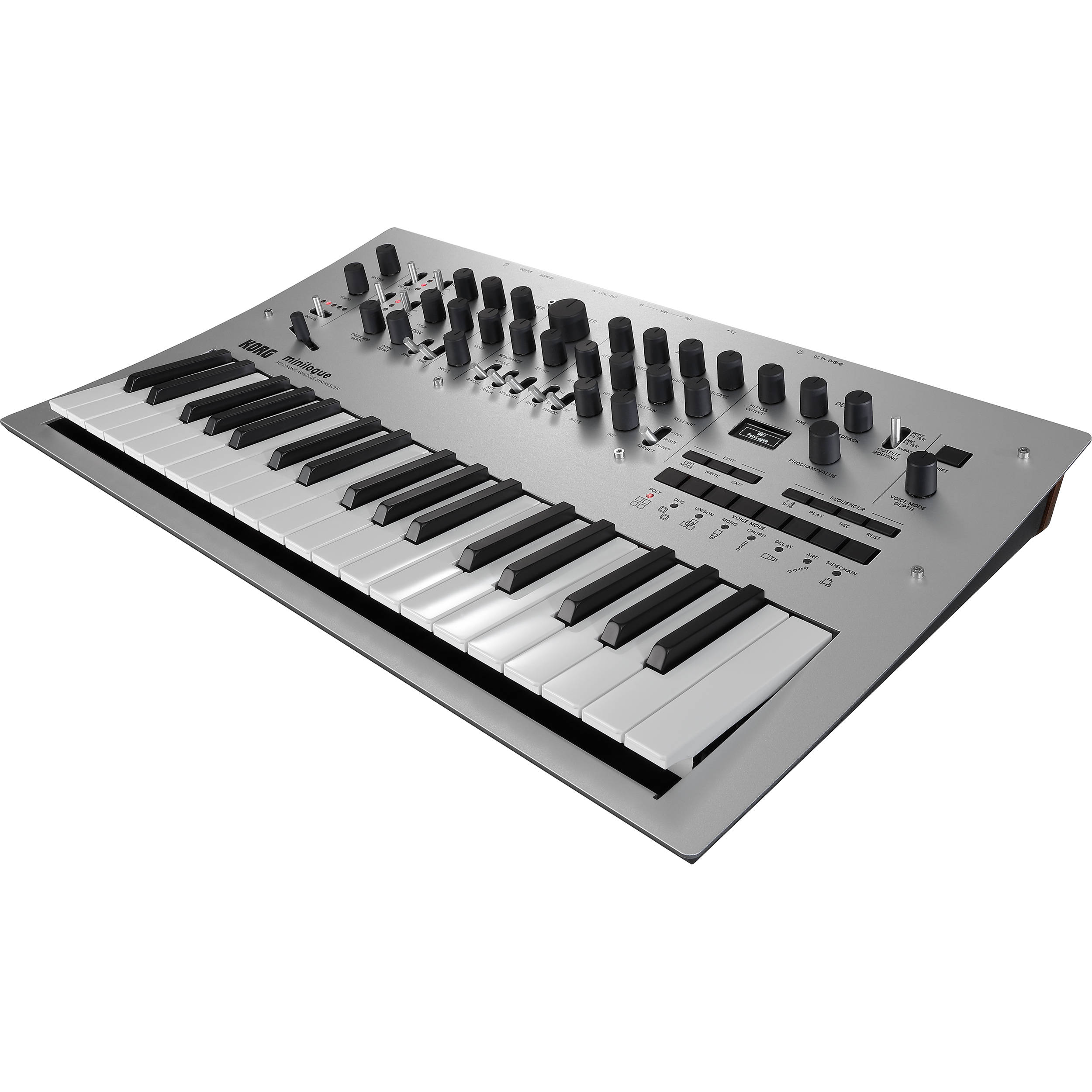 Korg Minilogue synthesizer with black control panel, knobs, and keyboard, showing front view of this compact analog synth.