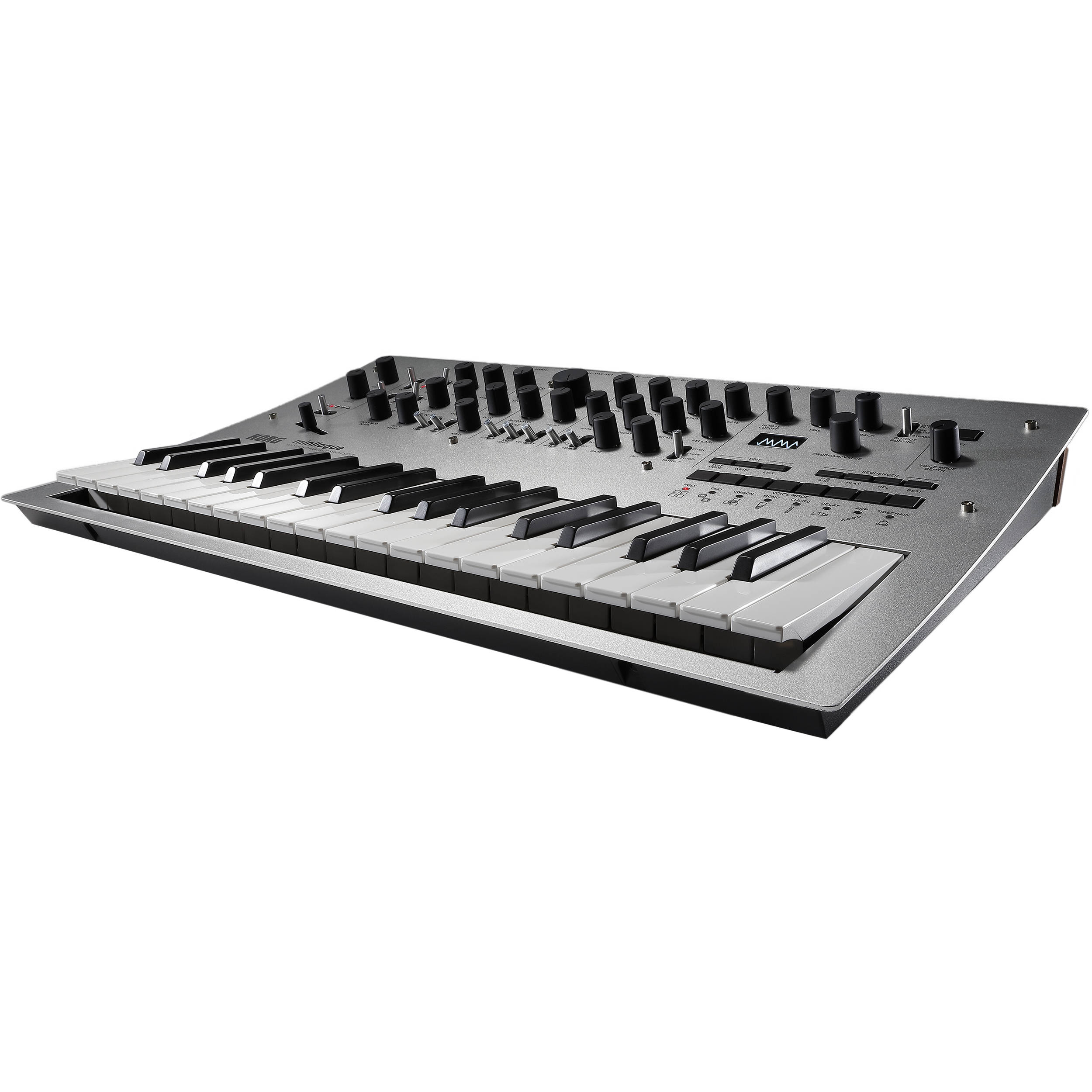 Korg Minilogue analog synthesizer with control knobs, keyboard, and colorful interface, used for music production and sound design.