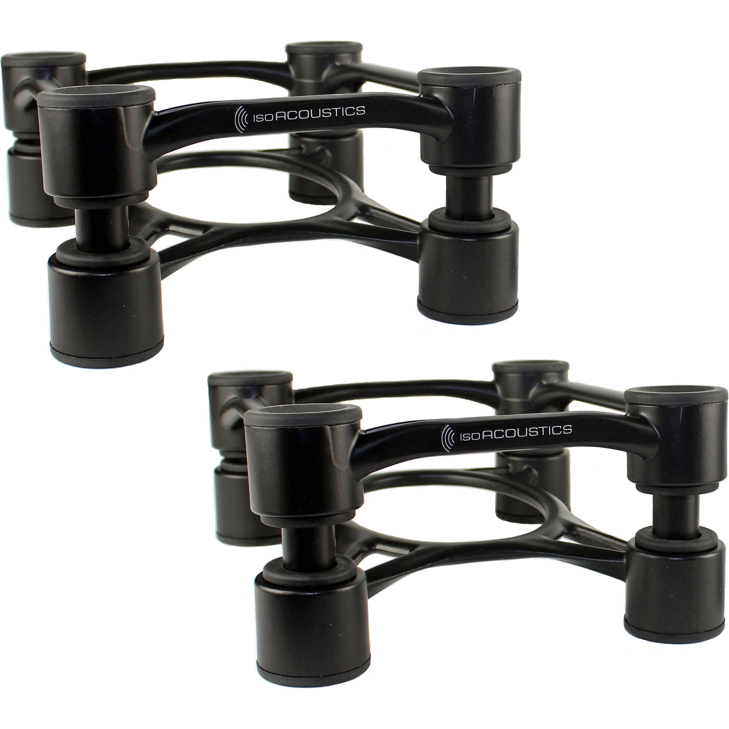 IsoAcoustics Aperta200 studio monitor stands with sleek design and adjustable height for optimal speaker positioning.