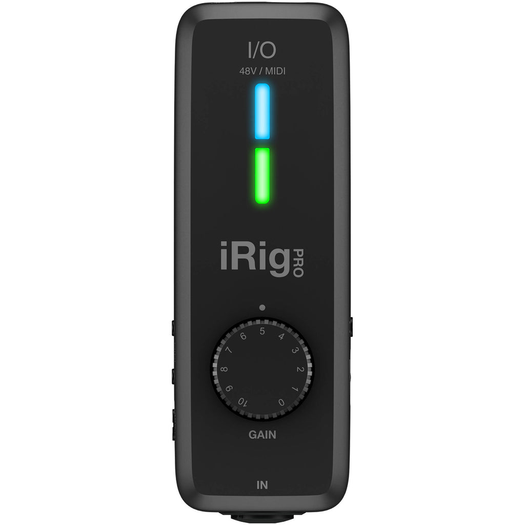 IK Multimedia iRig Pro I/O audio interface with XLR and 1/4-inch inputs, compact design for mobile recording and sound production.