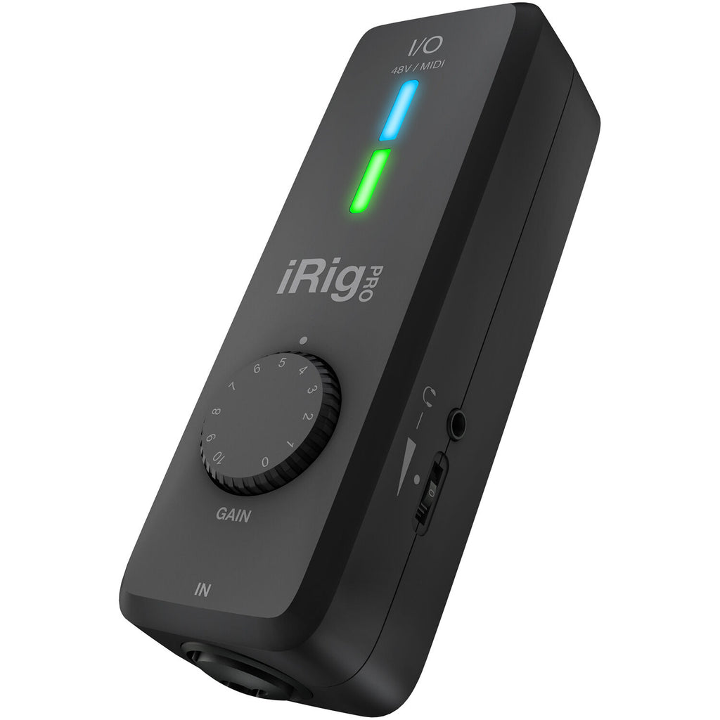 IK Multimedia iRig Pro I/O audio interface with XLR and 1/4-inch inputs, compact black device for mobile music recording.