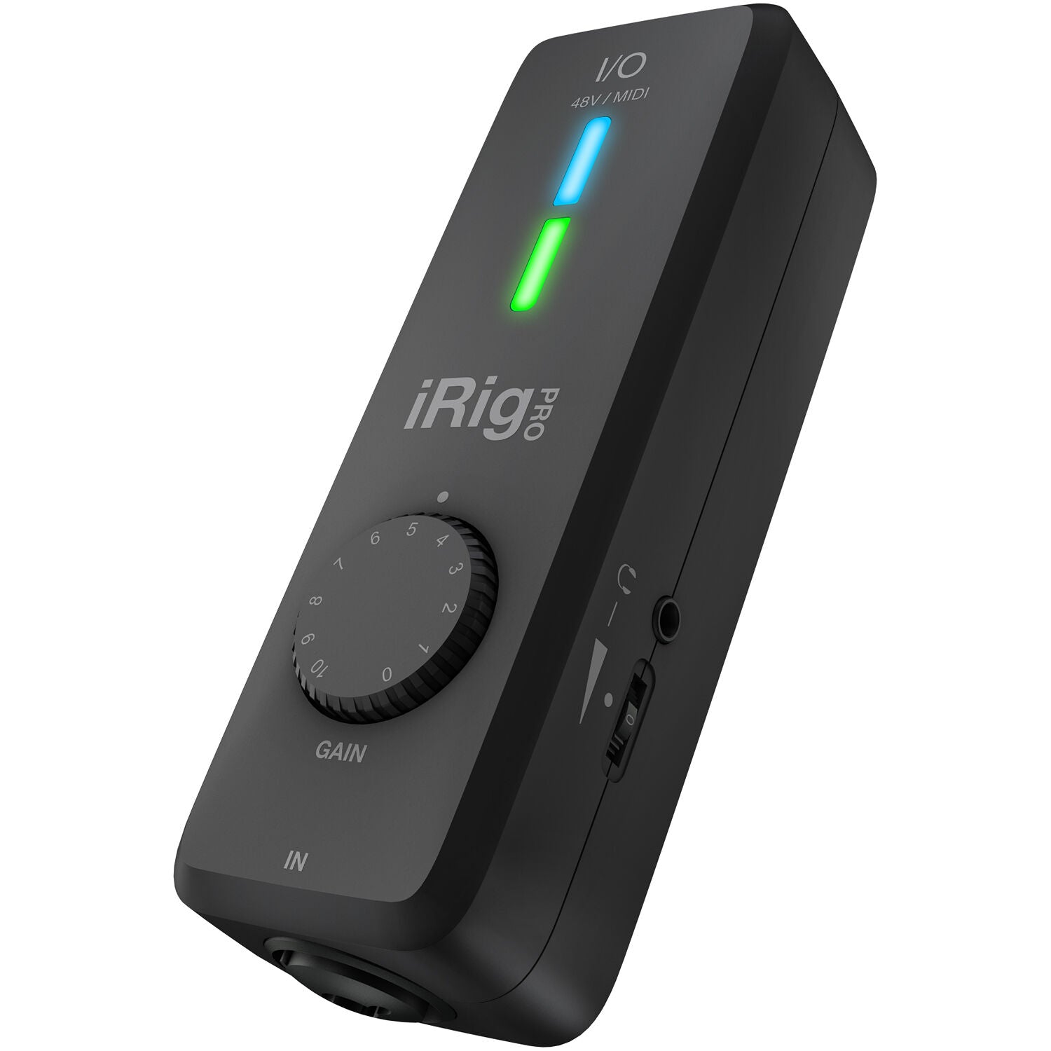 IK Multimedia iRig Pro I/O audio interface with XLR and 1/4-inch inputs, compact black device for mobile music recording.