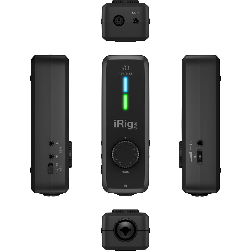 IK Multimedia iRig Pro I/O audio interface with input and output jacks, compact design, and professional audio connectivity.