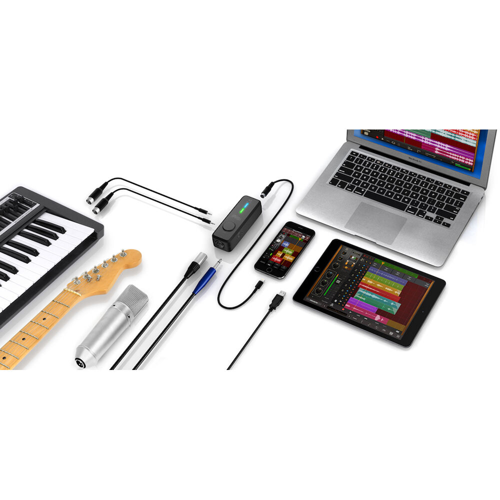 IK Multimedia iRig Pro I/O audio interface with combo input, gain knob, and headphone output for mobile recording and streaming.