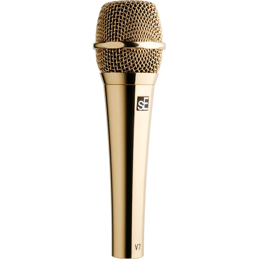 SE Electronics V7 dynamic microphone without switch, showing a professional handheld microphone with a black grille and body.
