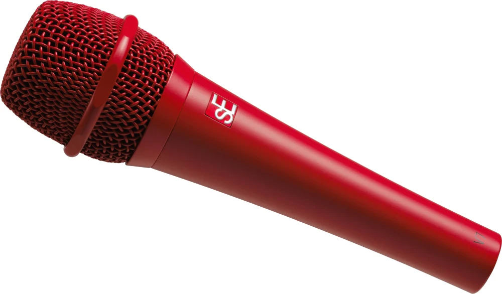 sE Electronics V7 dynamic microphone without switch, showing black metal body and grille for studio or stage use