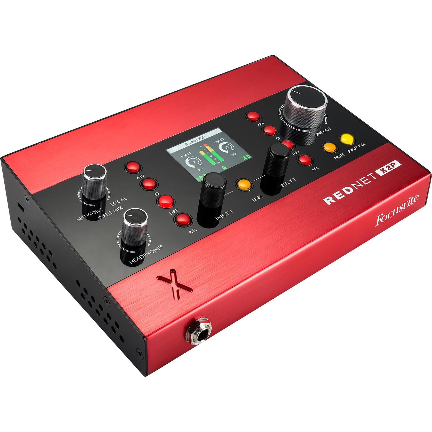 Focusrite RedNet X2P audio interface with front panel controls and input/output ports, used for professional audio recording.