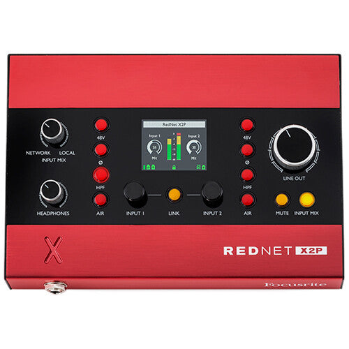Focusrite RedNet X2P audio interface with multiple input/output ports and sleek black design for professional audio recording.