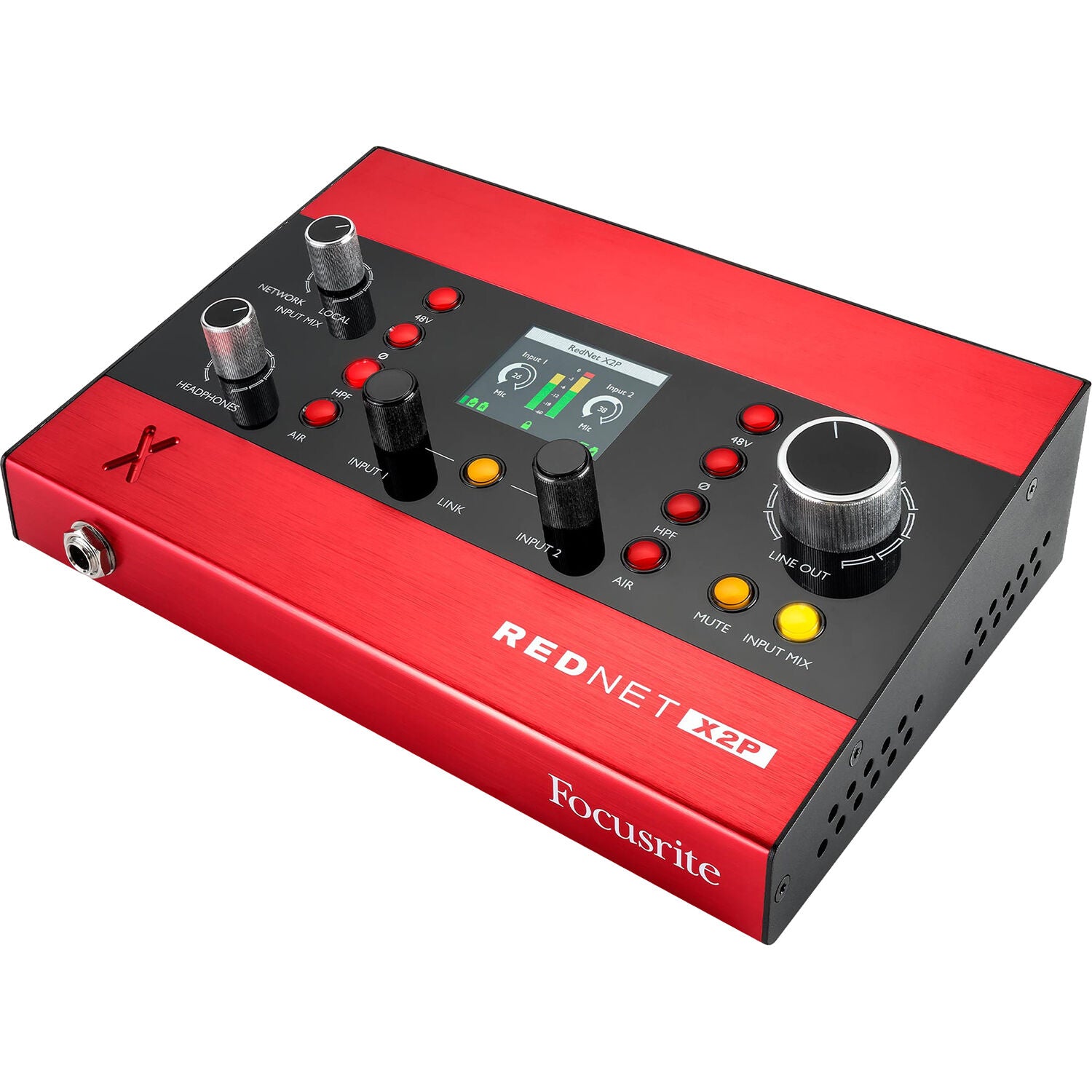 Focusrite RedNet X2P audio interface with front and back panels showing input and output ports, professional audio equipment.