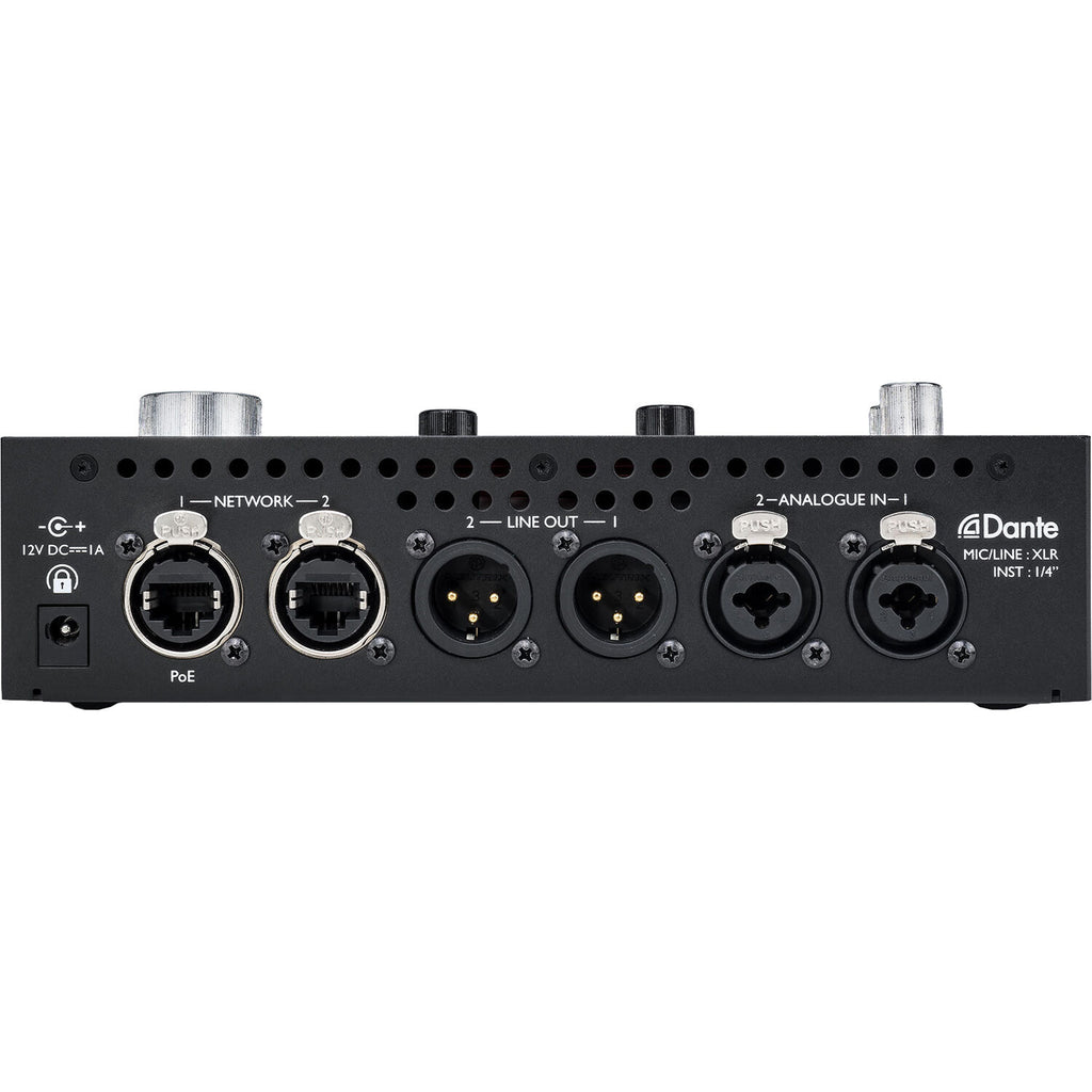Focusrite RedNet X2P audio interface with multiple input and output ports, professional-grade audio equipment.