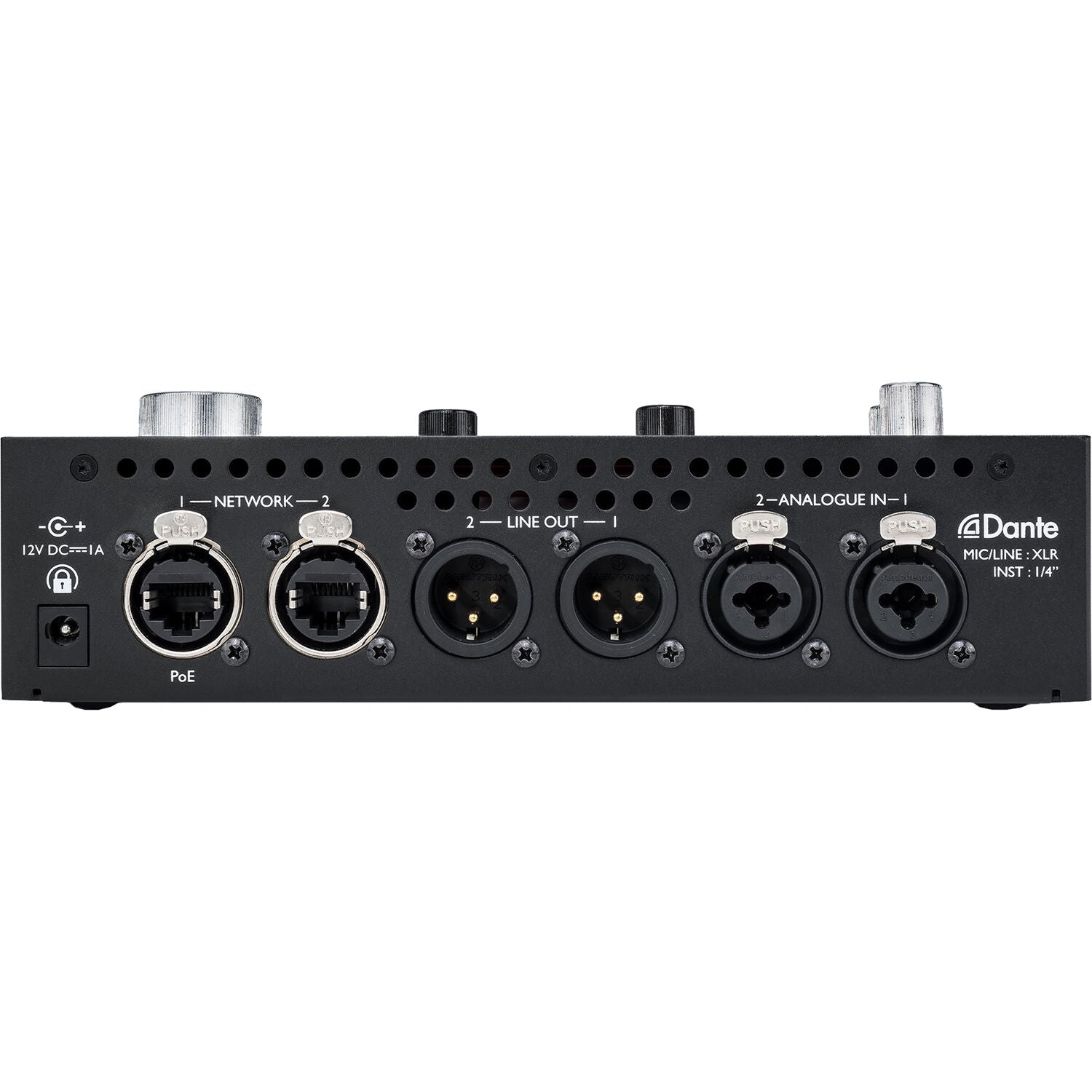 Focusrite RedNet X2P audio interface with multiple input and output ports, professional-grade audio equipment.