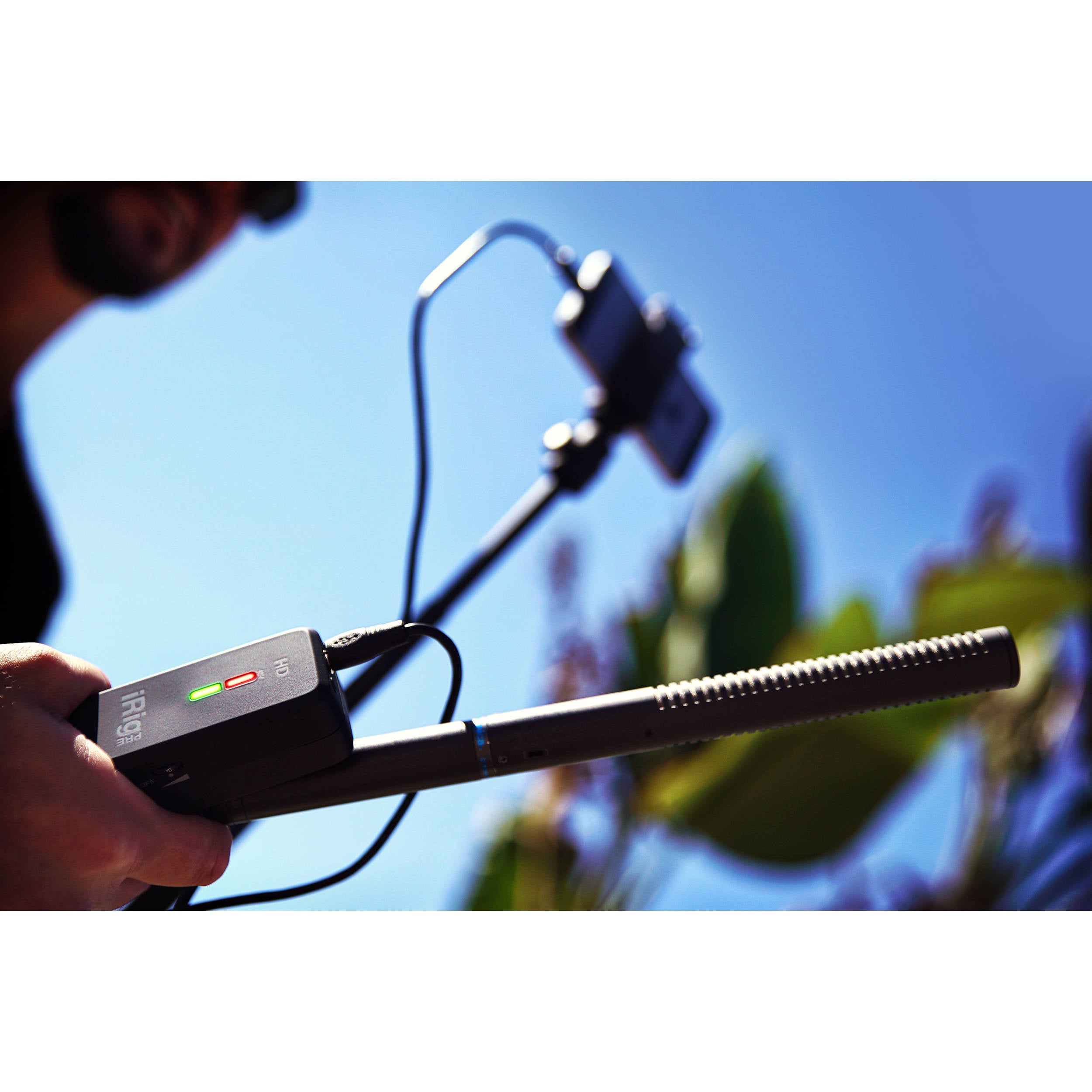 IK Multimedia iRig Pre HD audio interface with XLR input and gain control for connecting microphones to mobile devices.