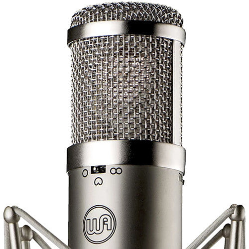 Warm Audio WA-47jr condenser microphone with vintage-style silver finish and attached shock mount on a stand.