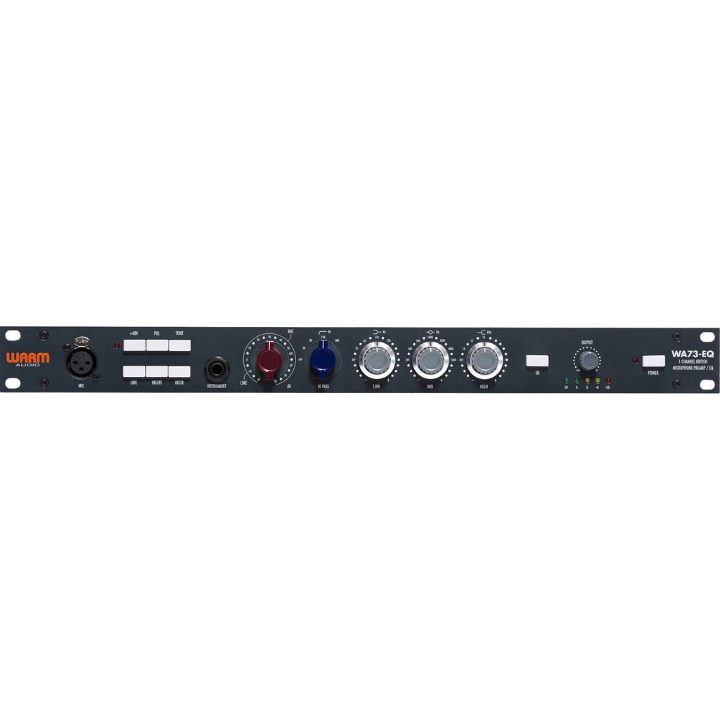 Warm Audio WA73-EQ microphone preamp with vintage-style controls and input/output jacks, mounted on a rack panel.