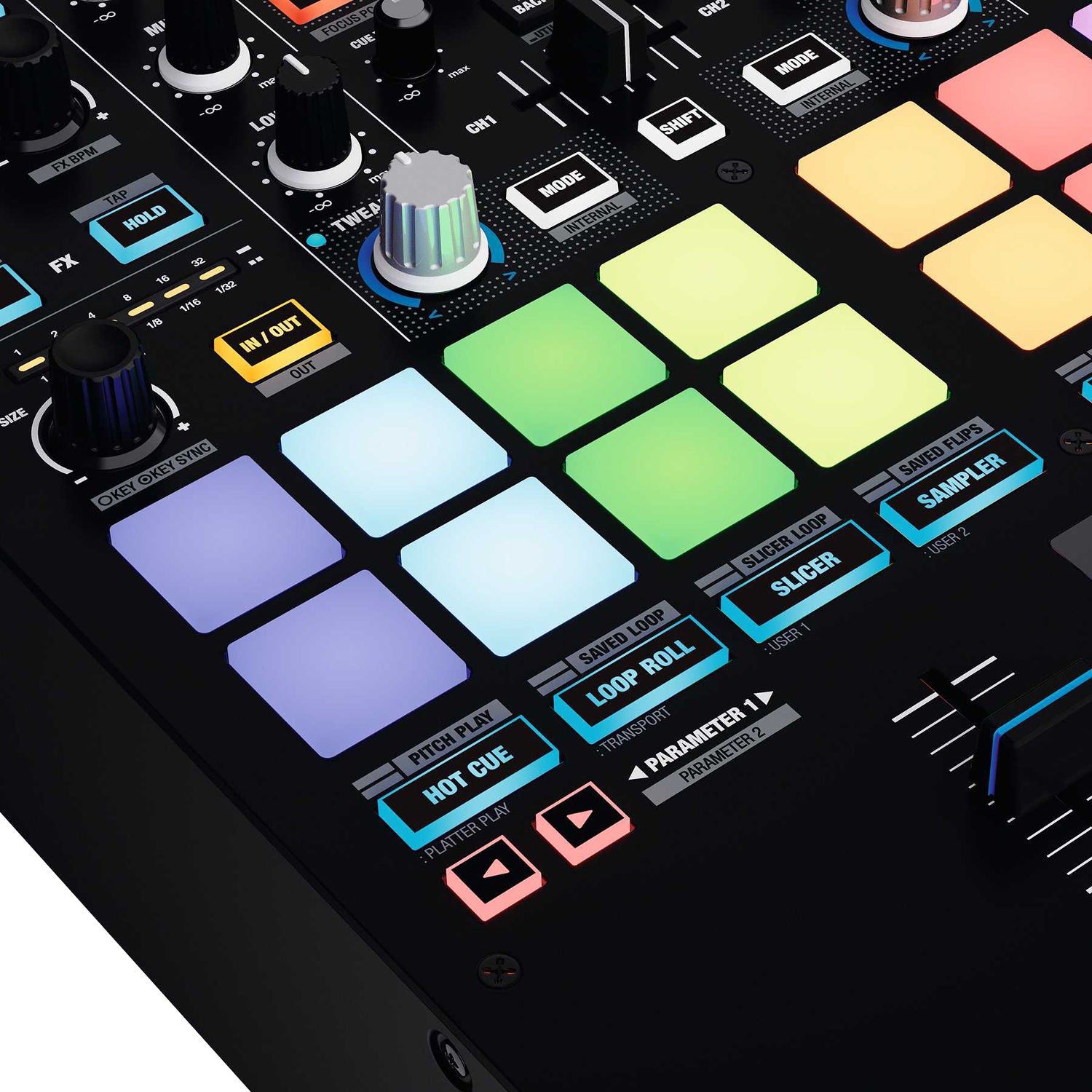 Reloop ELITE DJ mixer with multiple knobs and faders, professional audio equipment for DJ setups.