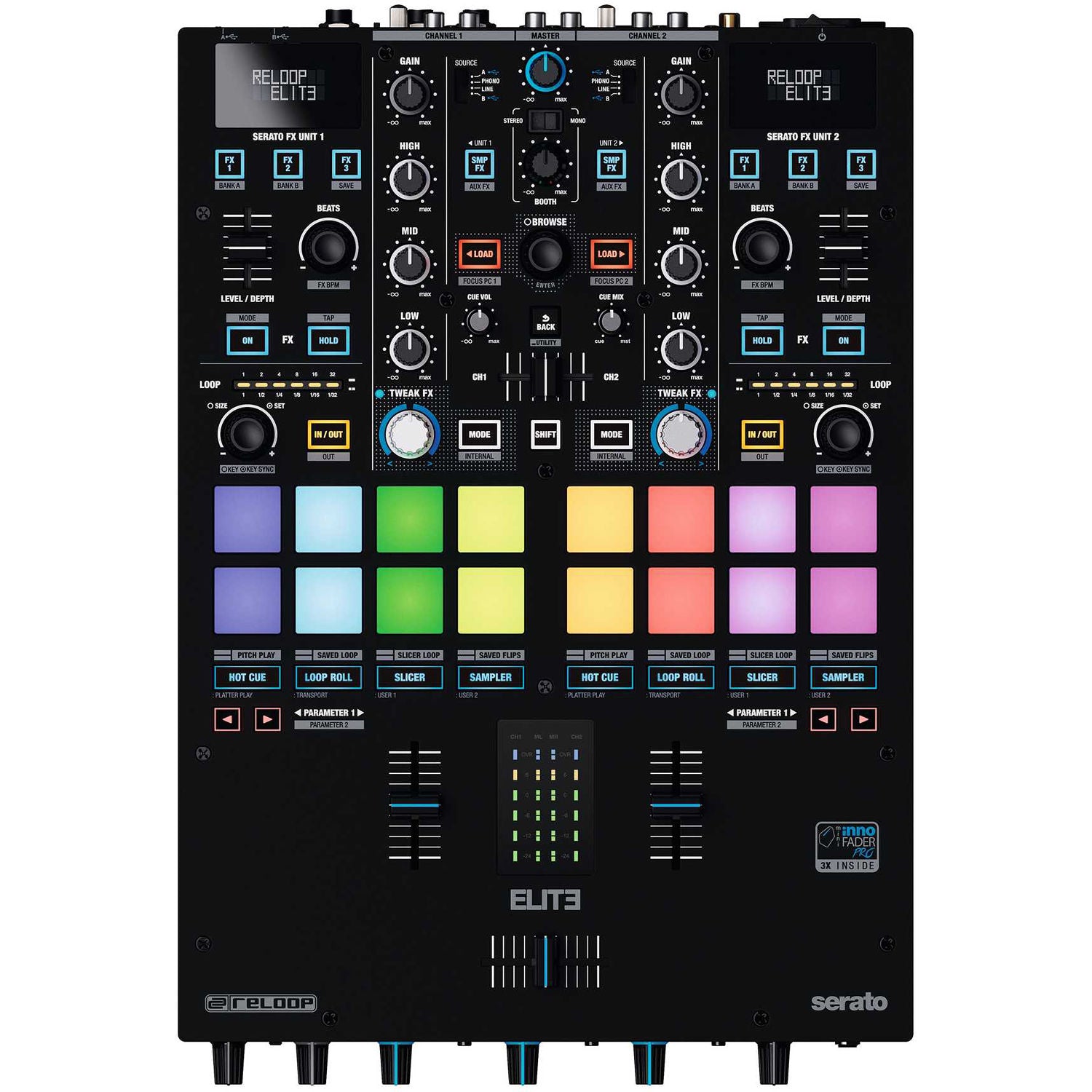 Reloop ELITE DJ mixer with multiple knobs, faders, and input ports, designed for professional DJ mixing and performance.