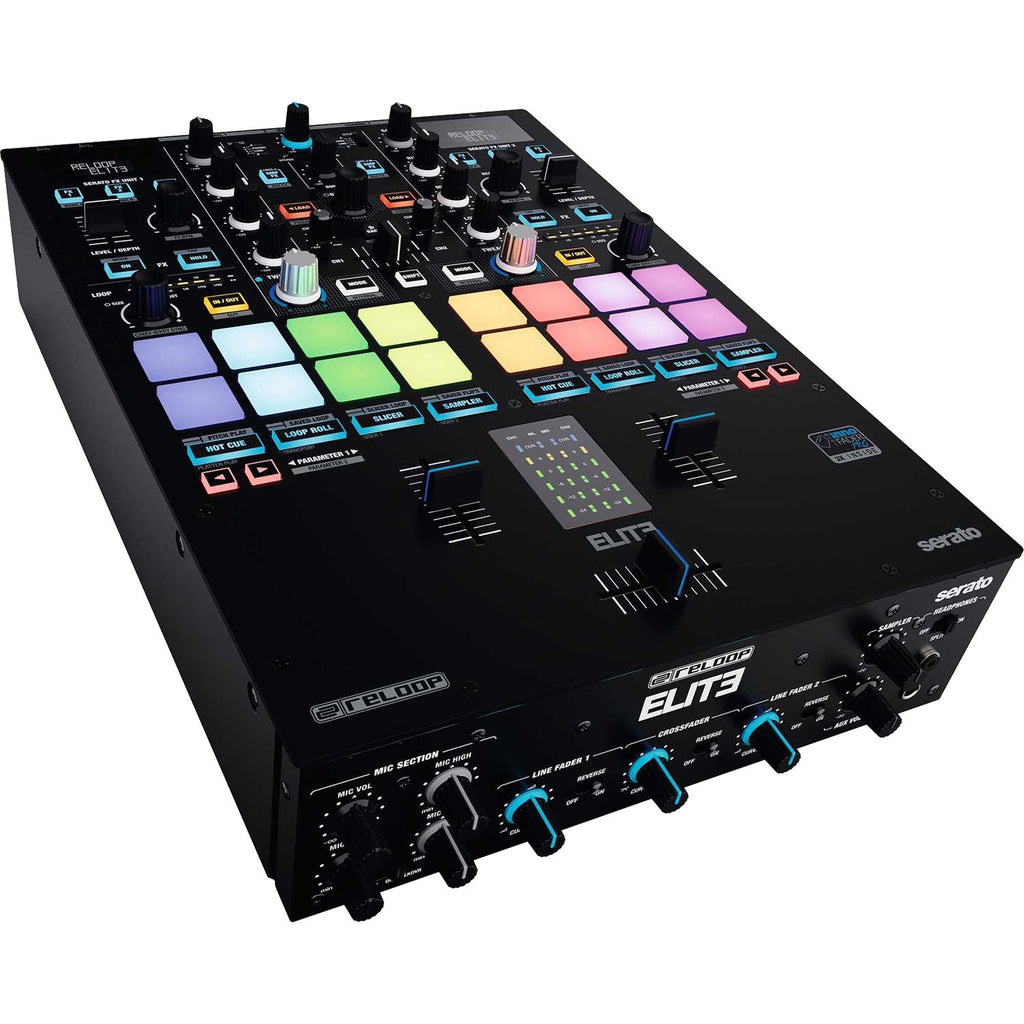 Reloop ELITE DJ mixer with multiple controls, colorful LED displays, and professional audio interface for DJ performances.