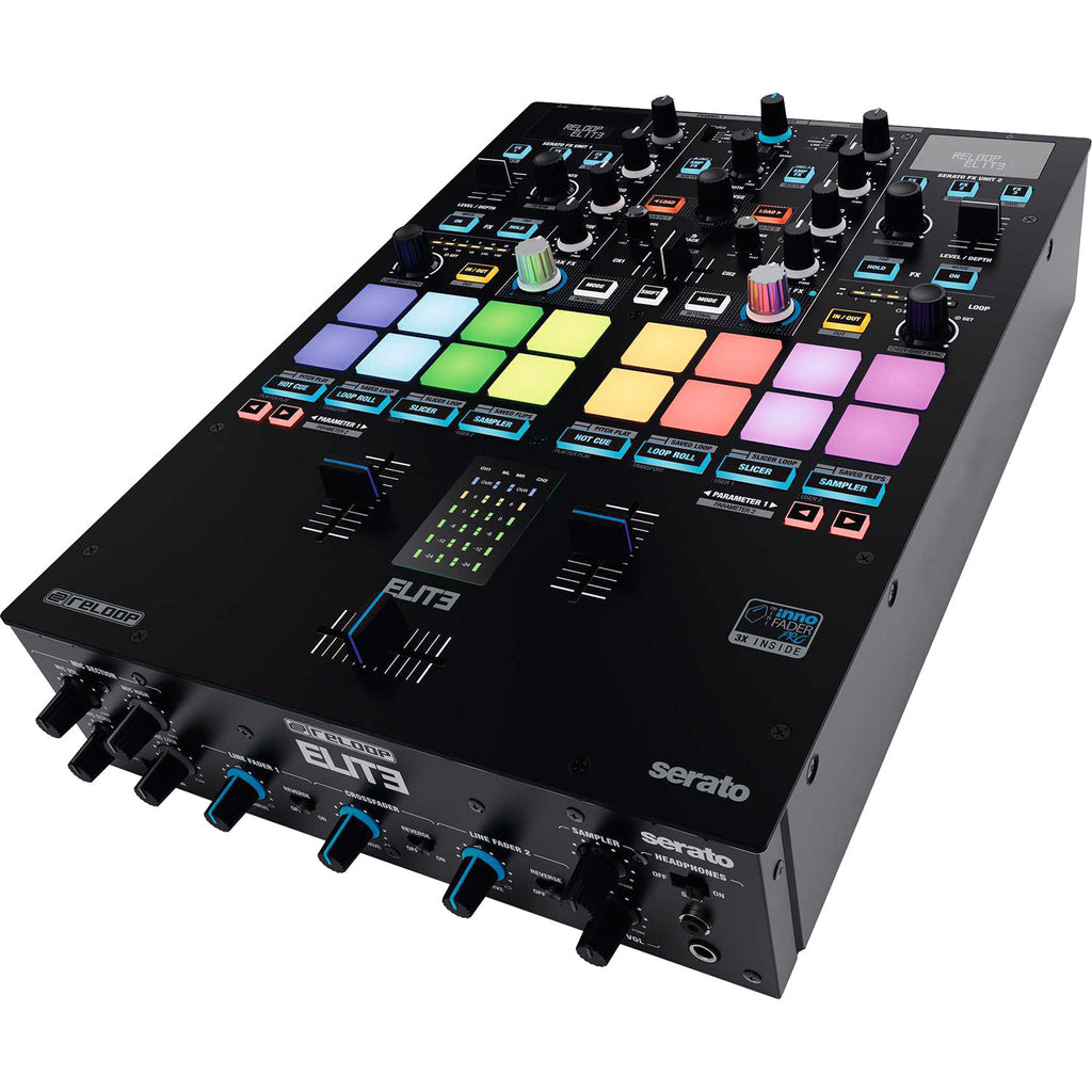 Reloop ELITE DJ mixer with dual turntables, control knobs, and audio input/output ports for professional music mixing.