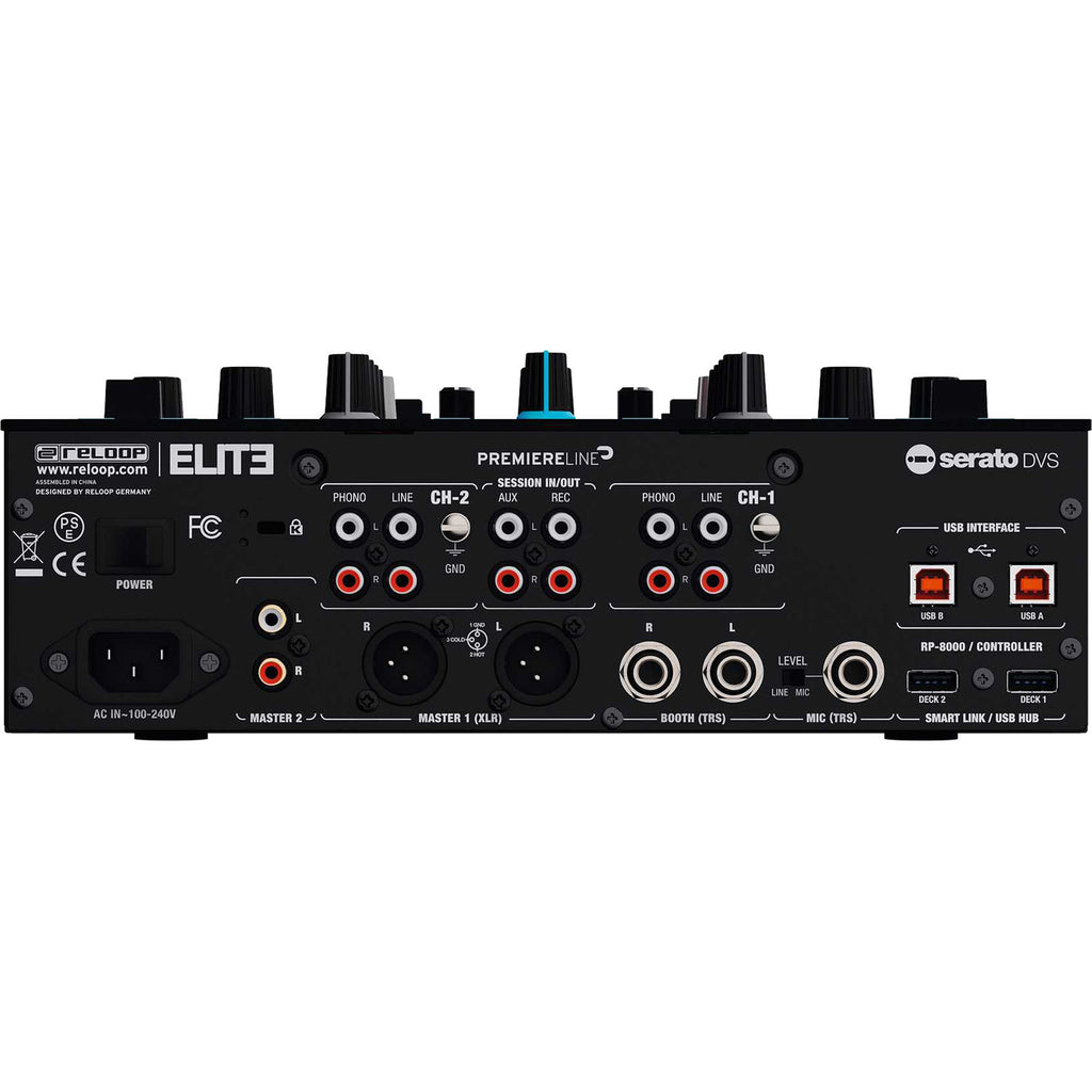Reloop ELITE DJ mixer with dual turntables, control knobs, and audio input/output connections for professional DJ setups.
