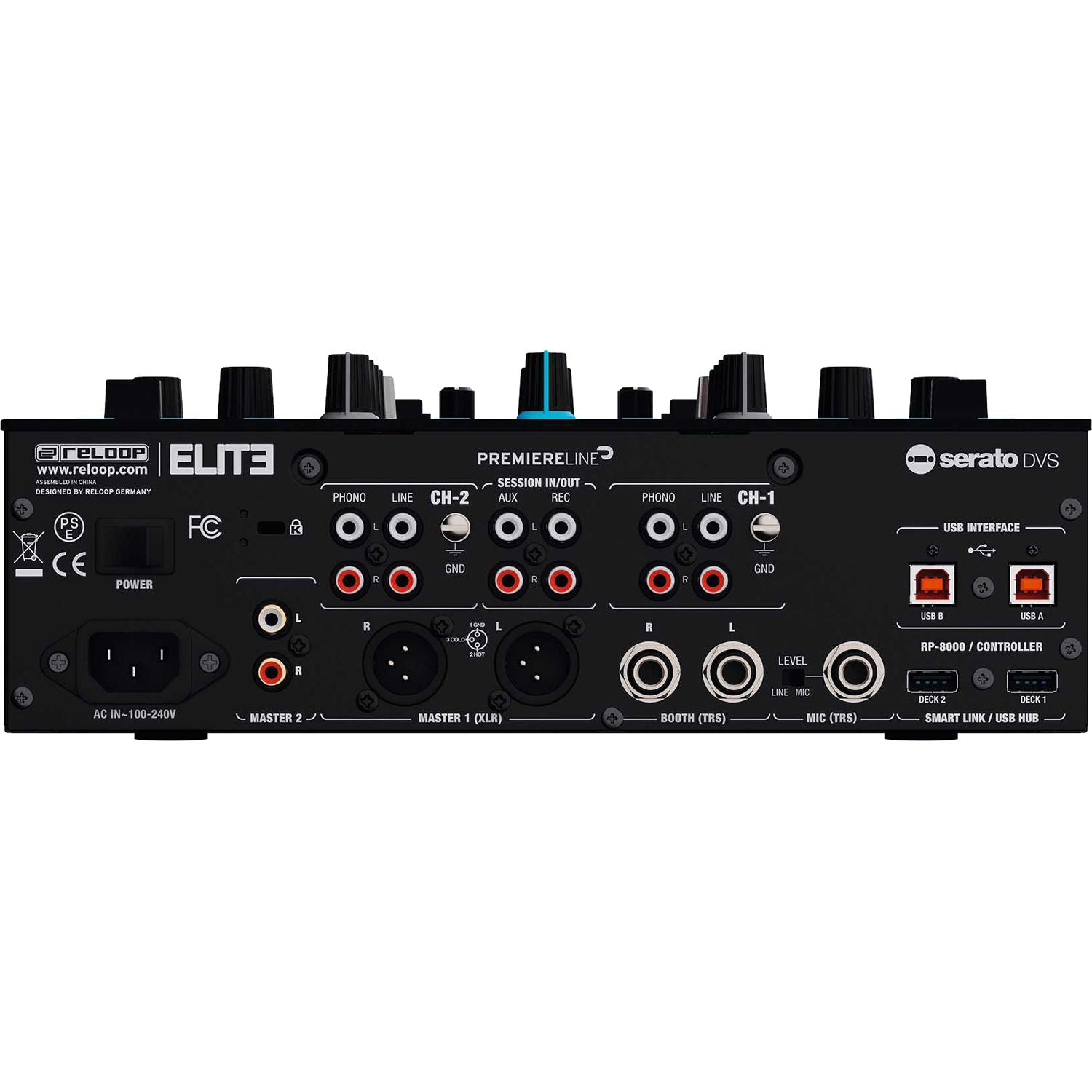 Reloop ELITE DJ mixer with dual turntables, control knobs, and audio input/output connections for professional DJ setups.