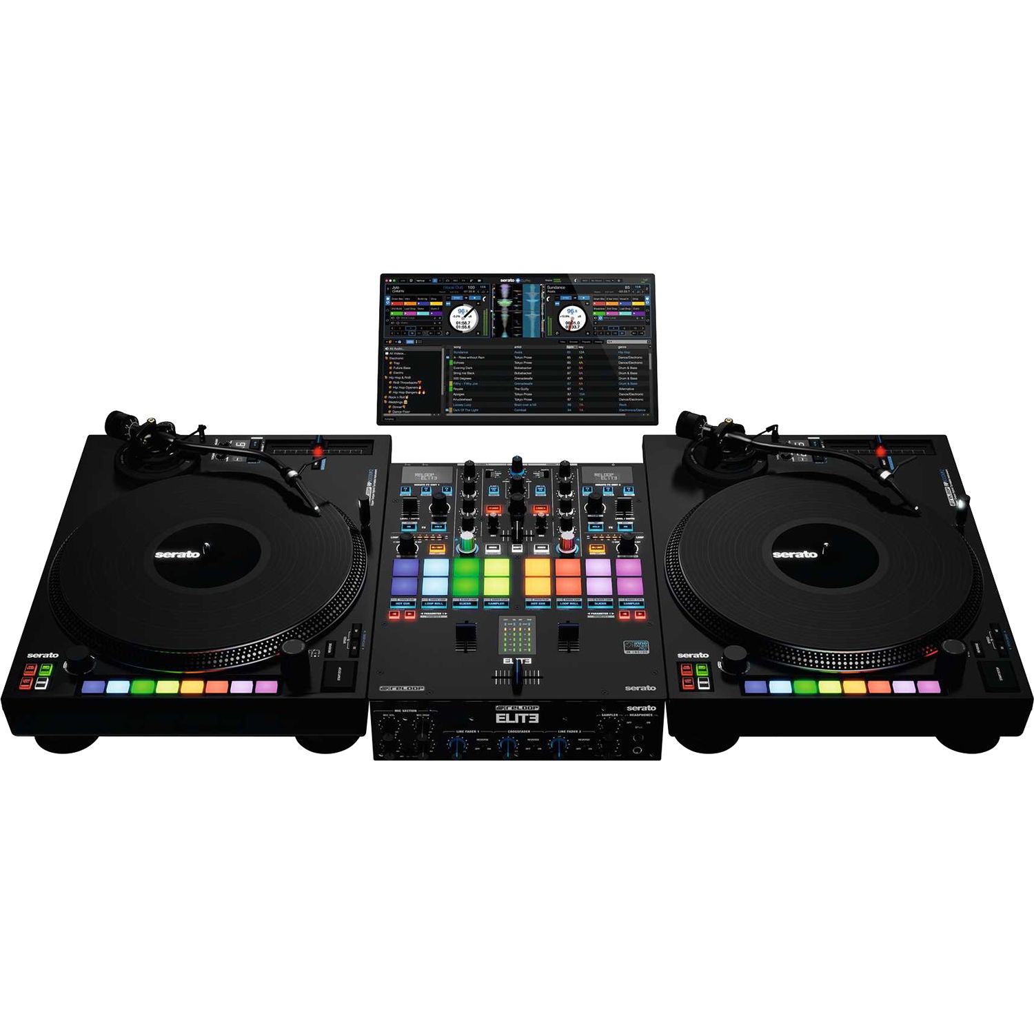 Reloop ELITE DJ mixer with dual turntable inputs, professional controls, and digital interface for seamless music mixing.