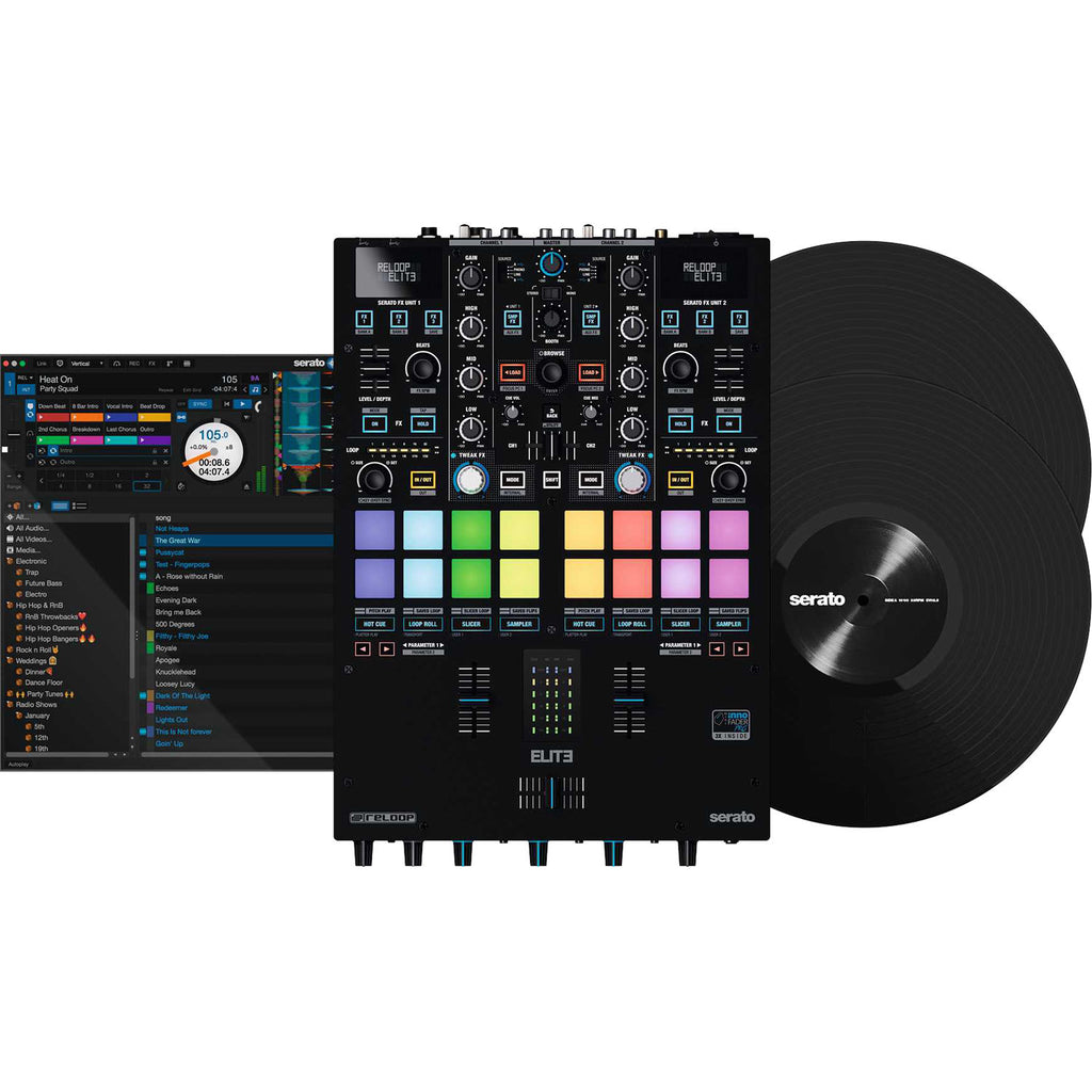 Reloop ELITE DJ mixer with dual jog wheels, multiple controls, and professional audio interface for DJing and mixing.