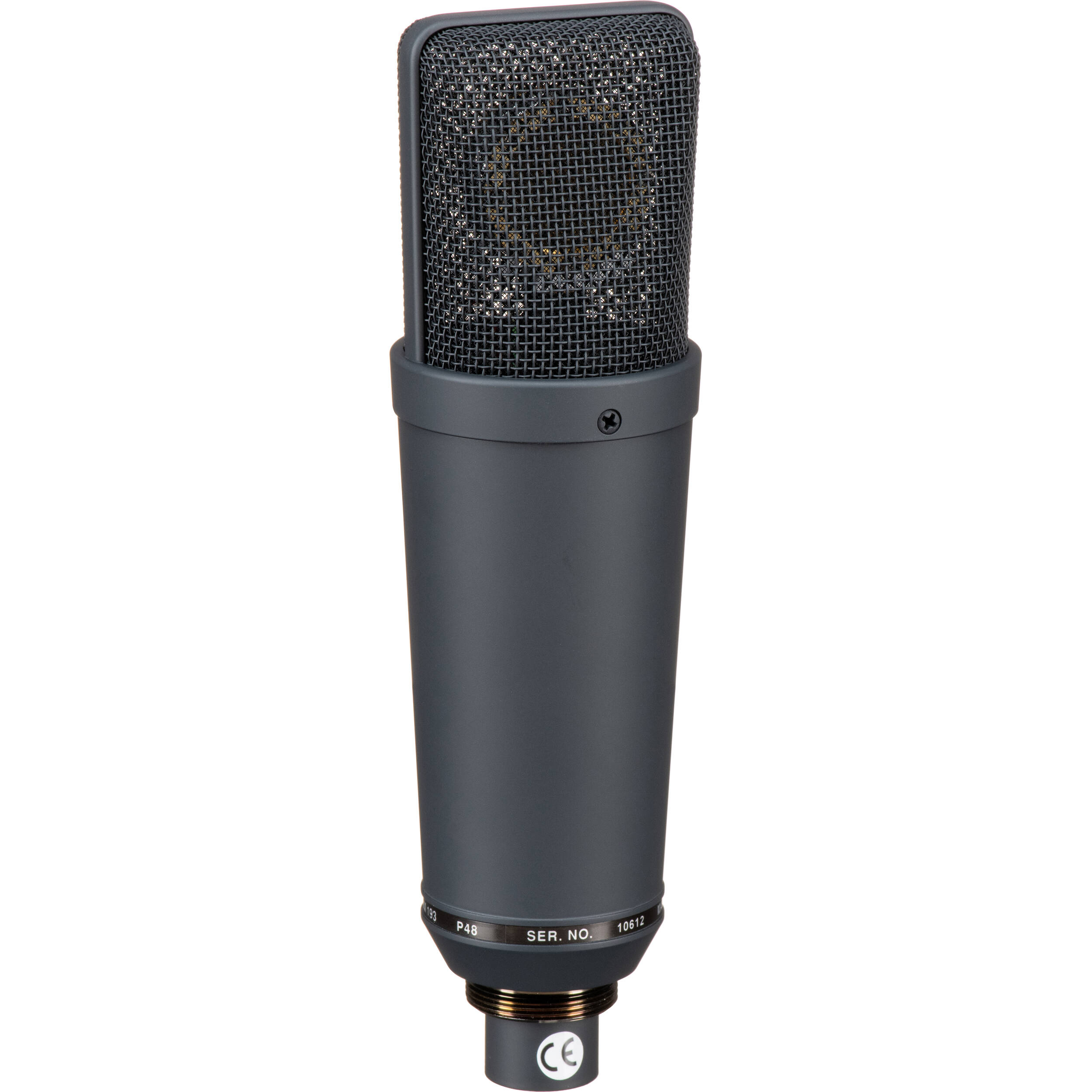 Neumann TLM 193 condenser microphone on a stand, showcasing its sleek design and professional studio recording equipment.