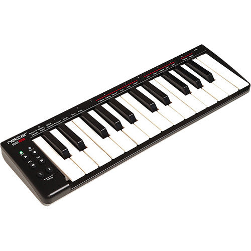 Nektar SE25 MIDI keyboard with 25 keys, compact design, and control knobs, ideal for music production and digital performances.