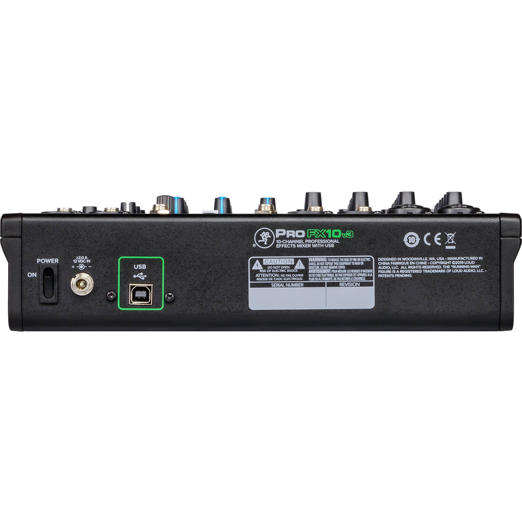 Mackie ProFX10v3 analog mixer with multiple input channels and built-in effects, showcasing its compact design and controls.