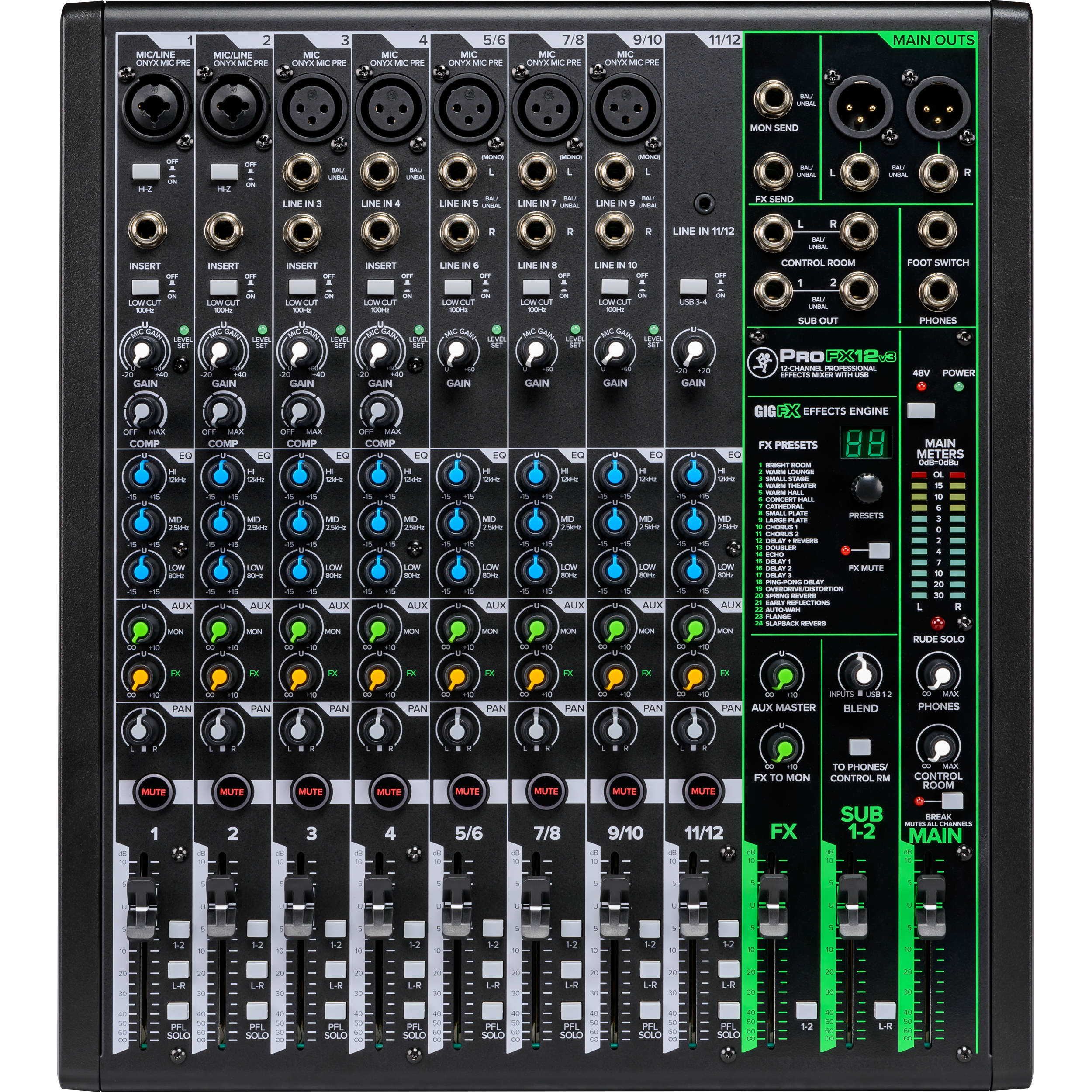 Mackie ProFX12v3 analog mixer with multiple channels, knobs, and input/output jacks for professional audio mixing.