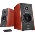 Edifier R2000DB active bookshelf speakers with wood finish and control knobs, designed for high-quality audio.