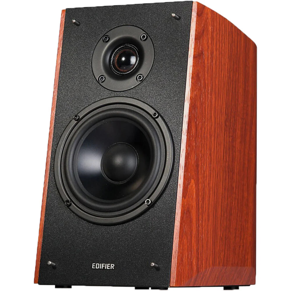 Edifier R2000DB active bookshelf speakers with wooden finish and control knobs, designed for high-quality audio.