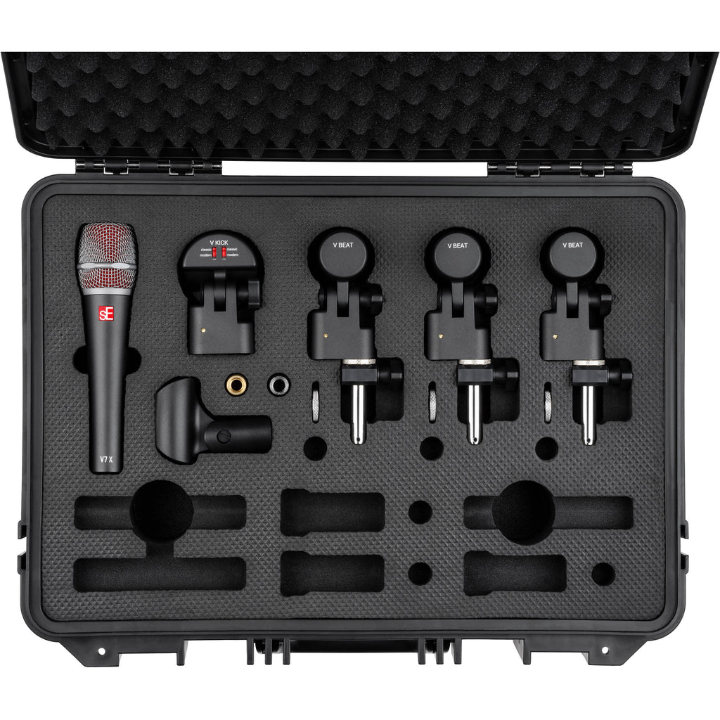 SE Electronics sE Electronics V Pack Venue dynamic microphones set, showing multiple microphones with black bodies and grille covers.