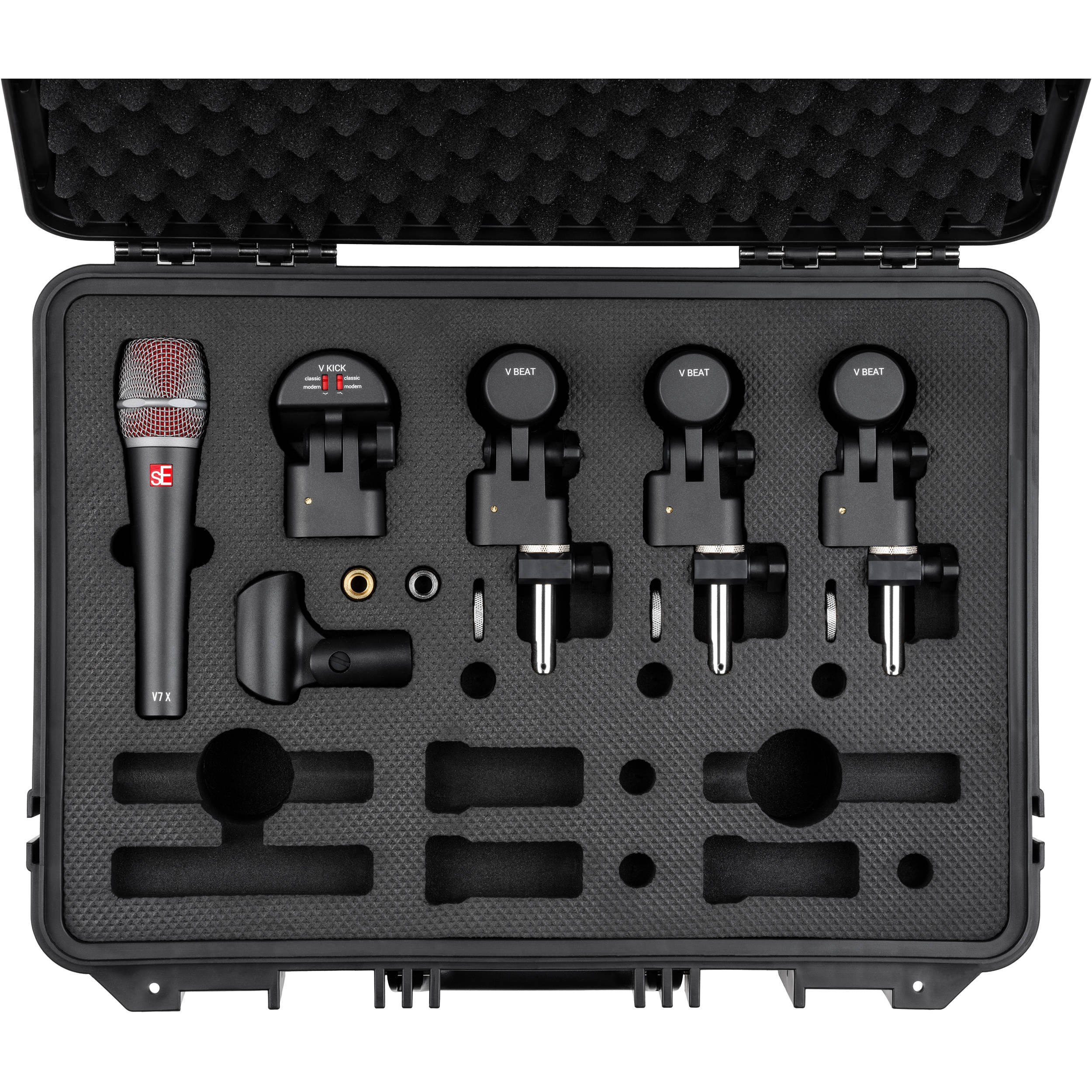 SE Electronics sE Electronics V Pack Venue dynamic microphones set, showing multiple microphones with black bodies and grille covers.