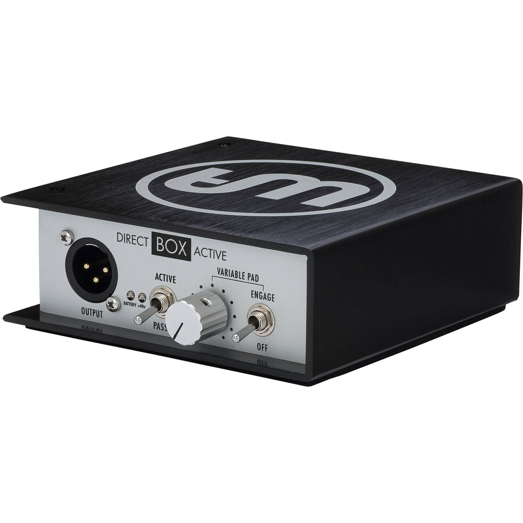 Warm Audio WA-DI-A DI box for connecting instruments to audio interfaces, featuring rugged metal construction and multiple input options.