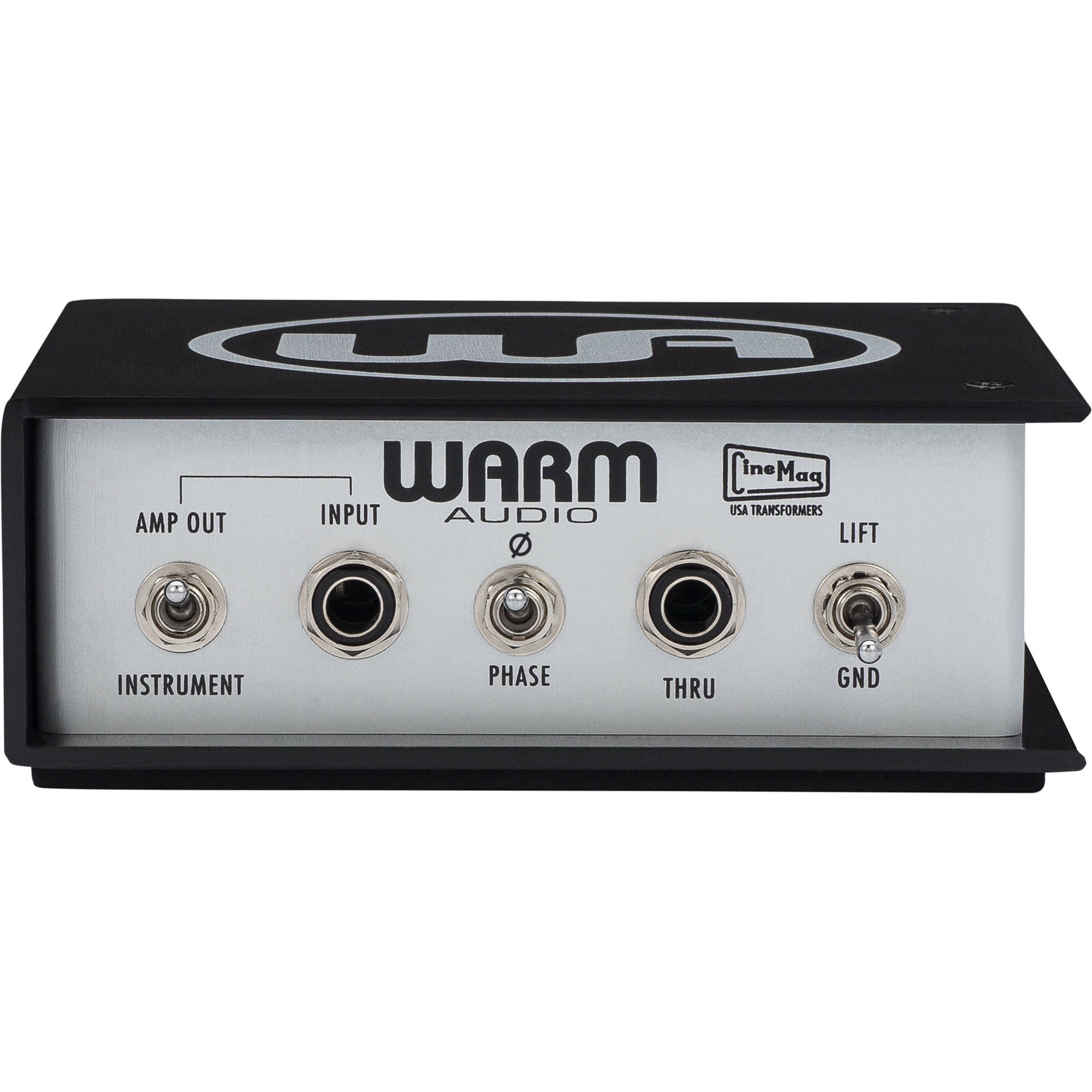 Warm Audio WA-DI-P DI box with rugged metal enclosure and input/output jacks for professional instrument signal conversion.
