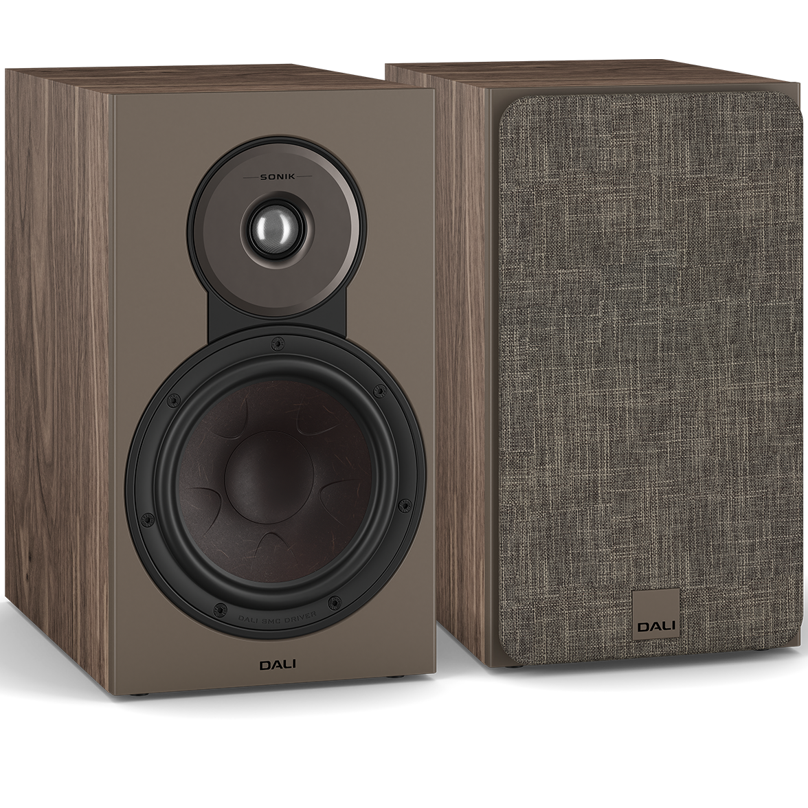 DALI Sonik 3 passive bookshelf speakers with black wood finish and metal grilles, designed for clear stereo sound.
