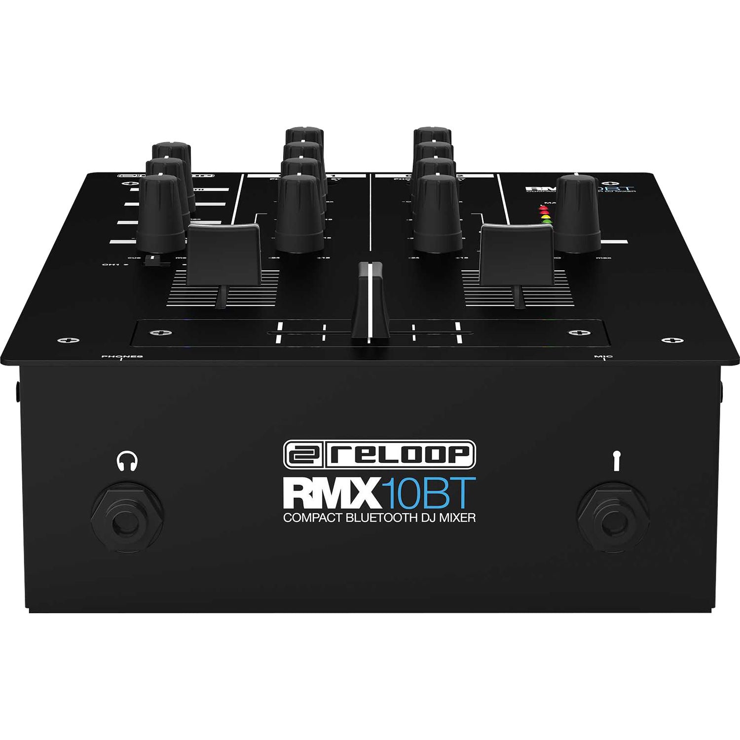 Reloop RMX-10 BT DJ mixer with multiple control knobs and connection ports, featuring a sleek black design and professional layout.
