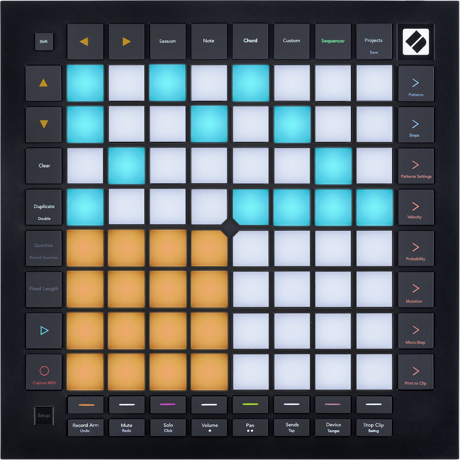 Novation Launchpad Pro MK3 MIDI controller with grid of colorful pads for music sequencing and performance.