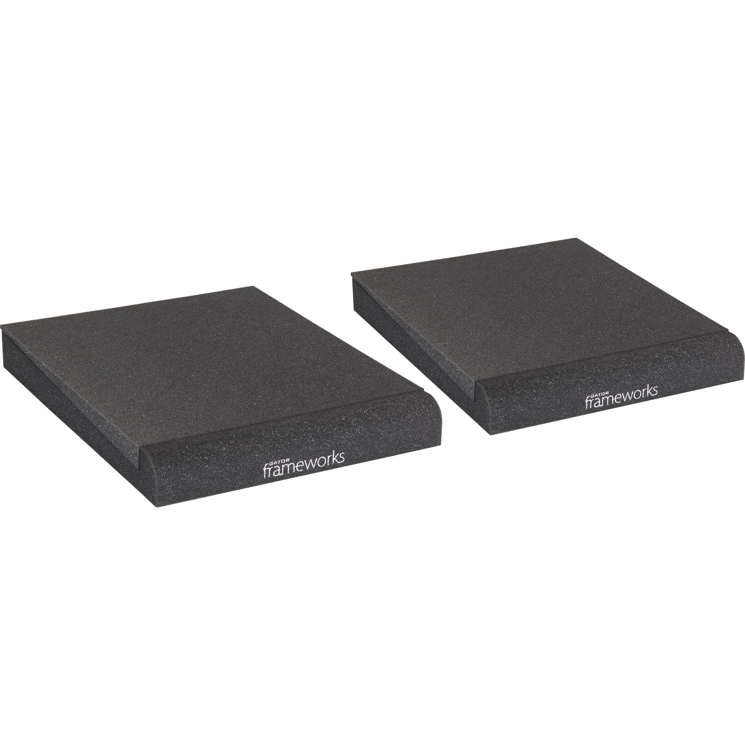 Gator Studio Monitor Isolation Pads placed on studio monitor stands for sound isolation and improved audio clarity