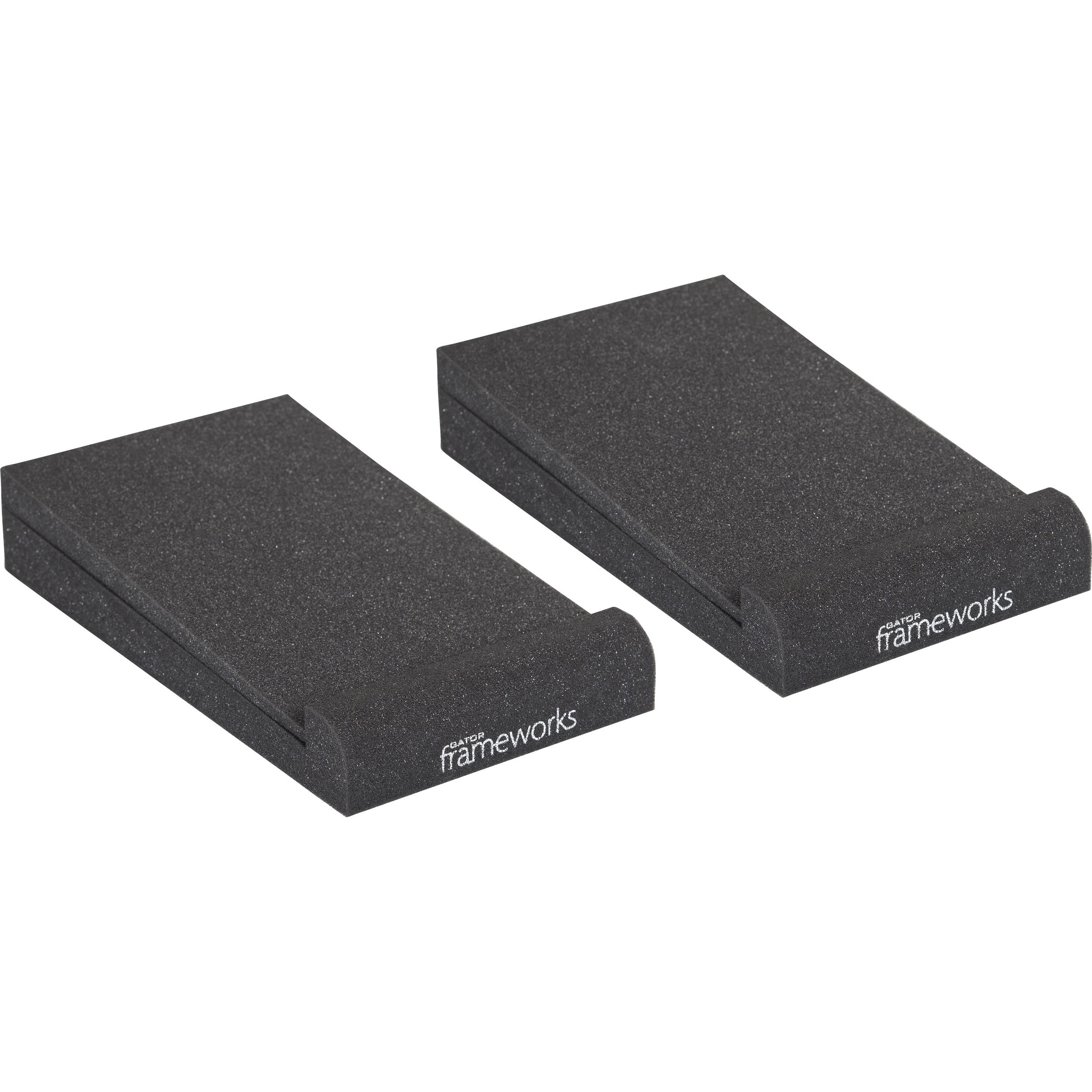 Gator Studio Monitor Isolation Pads placed on studio monitor stands for sound isolation and improved audio clarity.