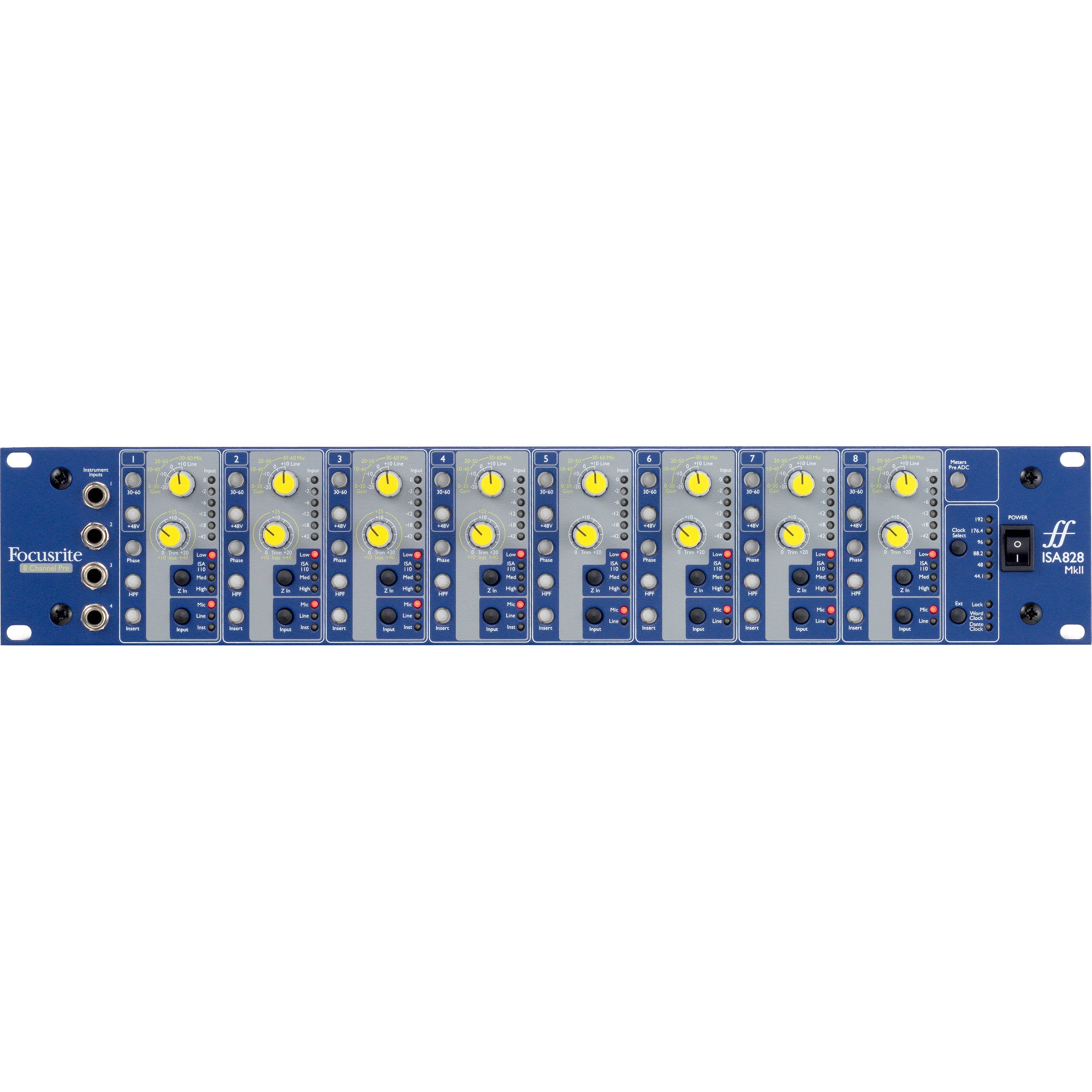 Focusrite ISA 828 MK2 microphone preamp with multiple input channels and professional audio equipment, front view.