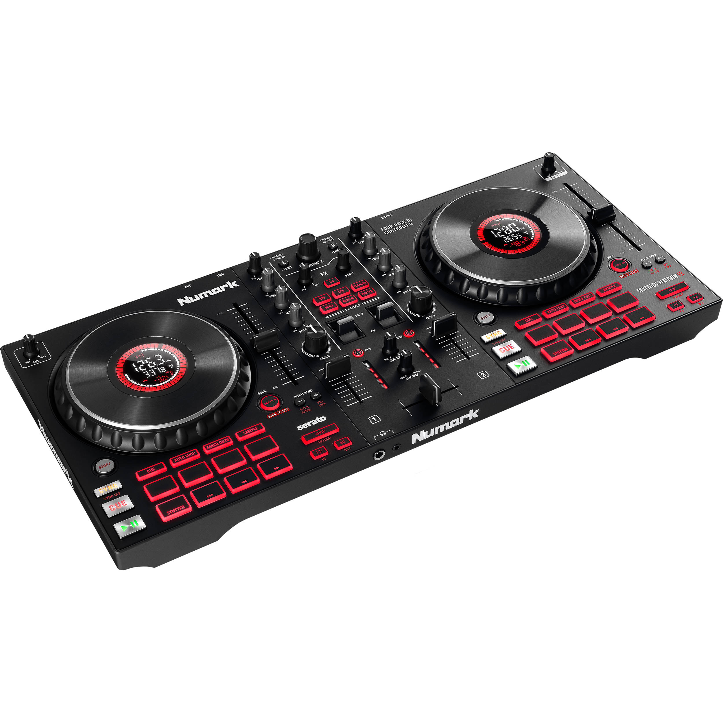 Numark Mixtrack Platinum FX DJ controller with jog wheels, buttons, and knobs for professional DJ mixing and performance.