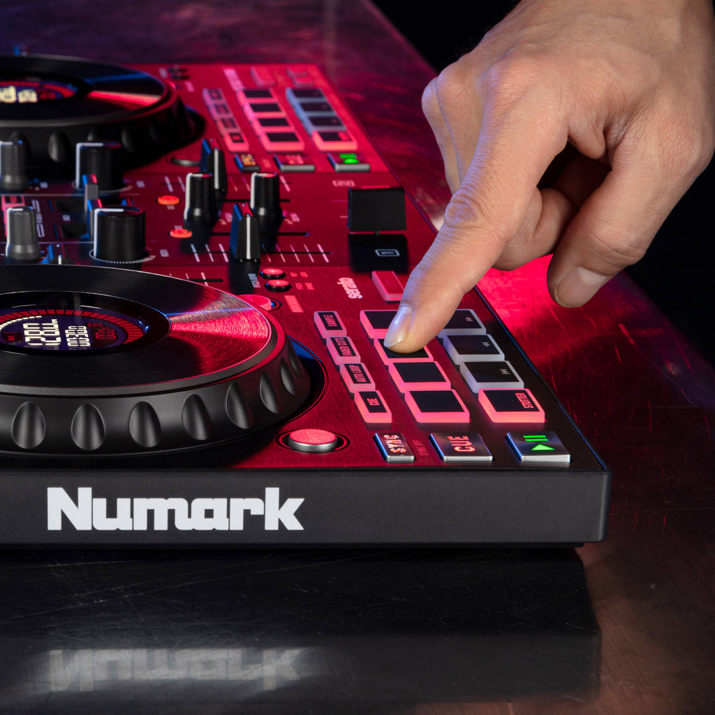 Numark Mixtrack Platinum FX DJ controller with jog wheels, mixer controls, and performance pads for professional DJ mixing.