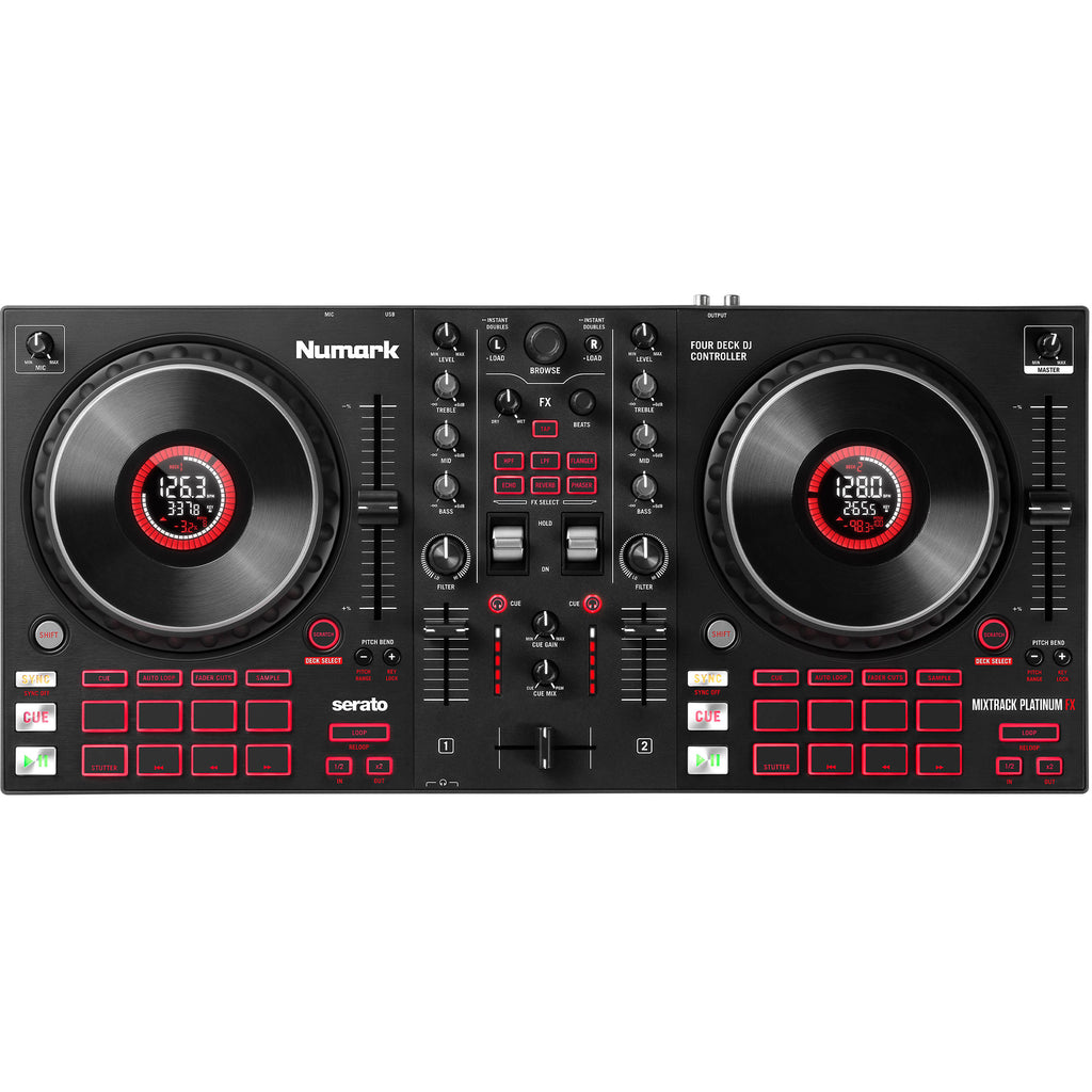 Numark Mixtrack Platinum FX DJ controller with jog wheels, faders, and control knobs for professional DJ mixing.