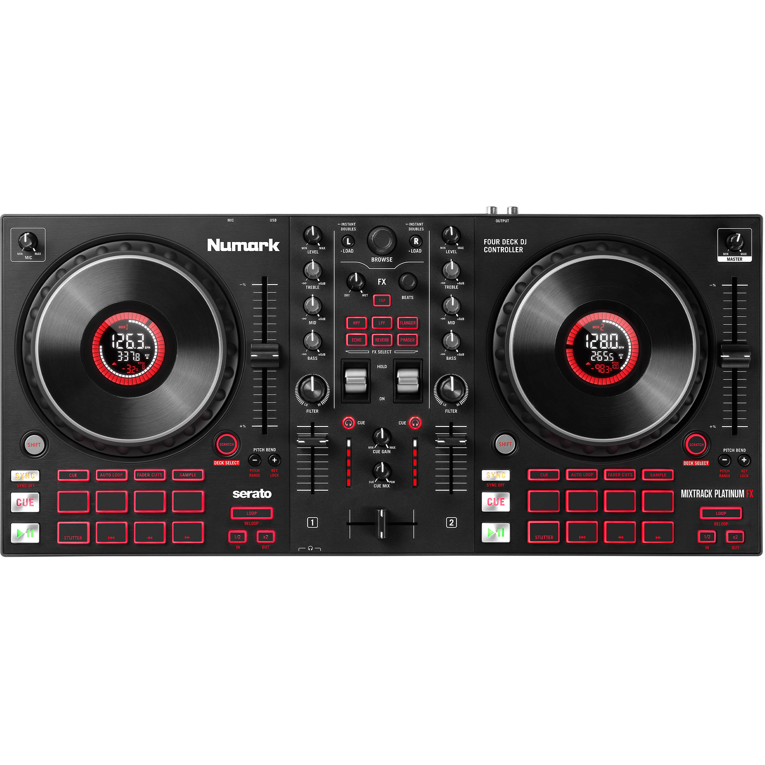 Numark Mixtrack Platinum FX DJ controller with jog wheels, faders, and control knobs for professional DJ mixing.