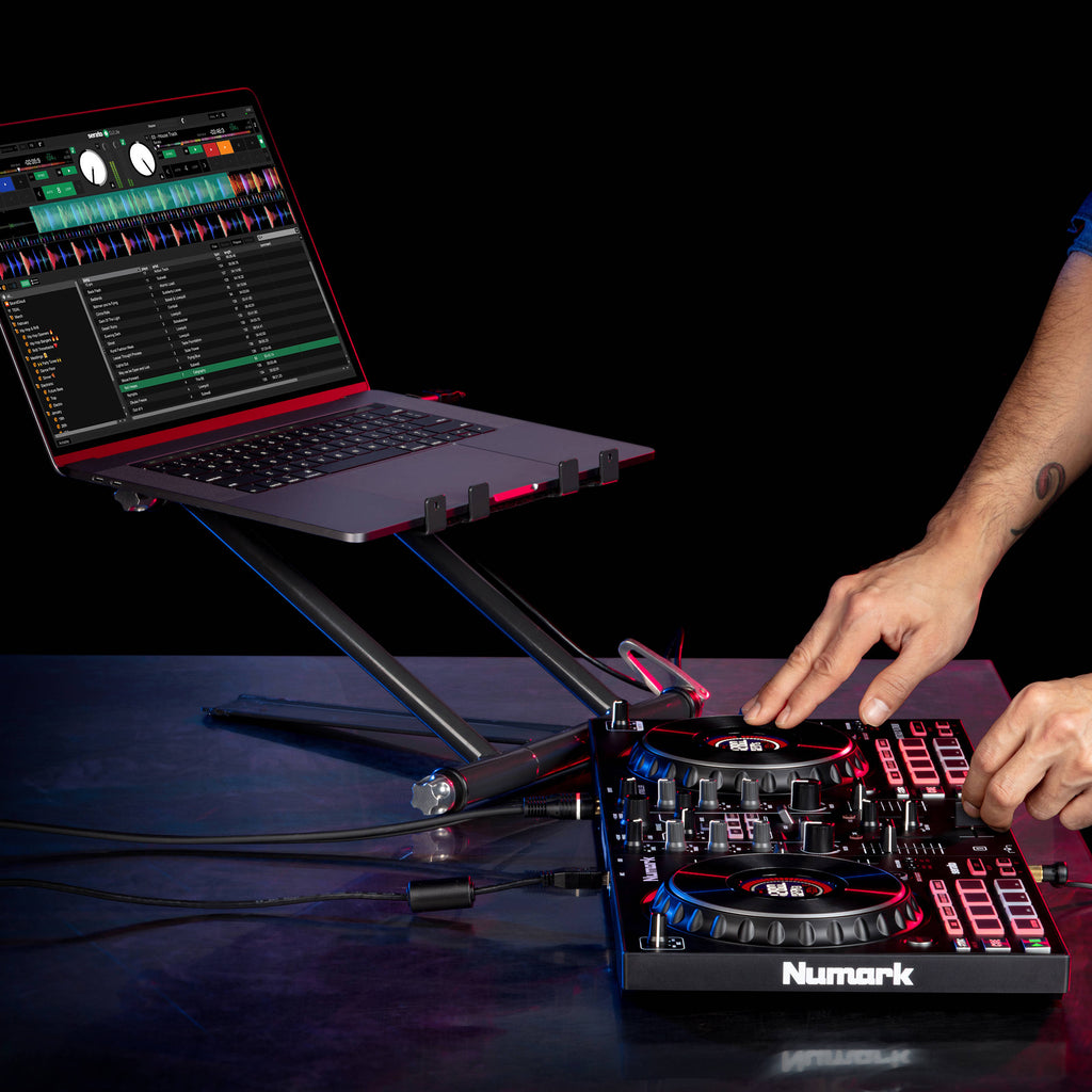 Numark Mixtrack Platinum FX DJ controller with jog wheels, faders, and effects pads for digital music mixing.