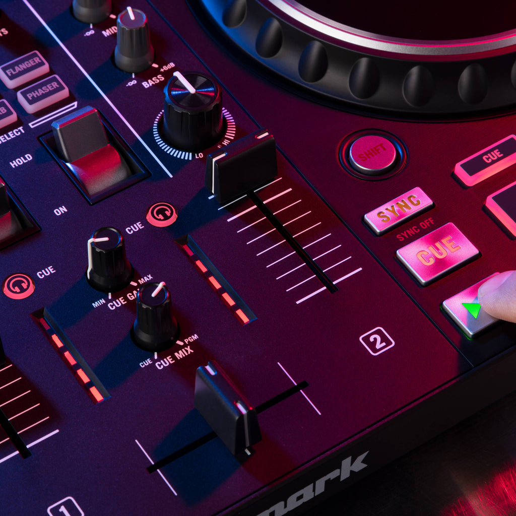 Numark Mixtrack Platinum FX DJ controller with jog wheels, mixer controls, and LED lighting for professional DJ setups.