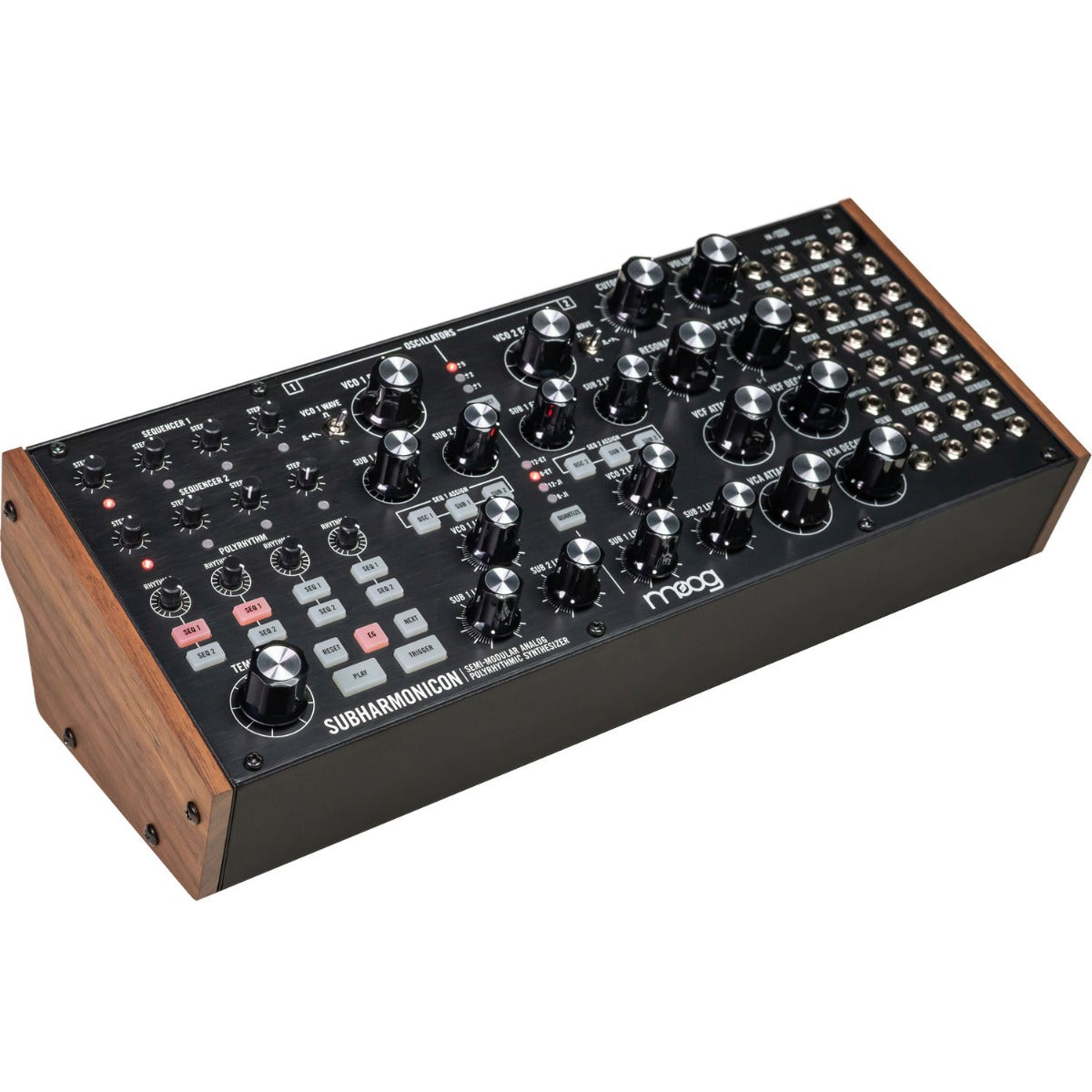 Moog Subharmonicon synthesizer with control knobs and patch points, featuring vintage-inspired design and analog audio output.