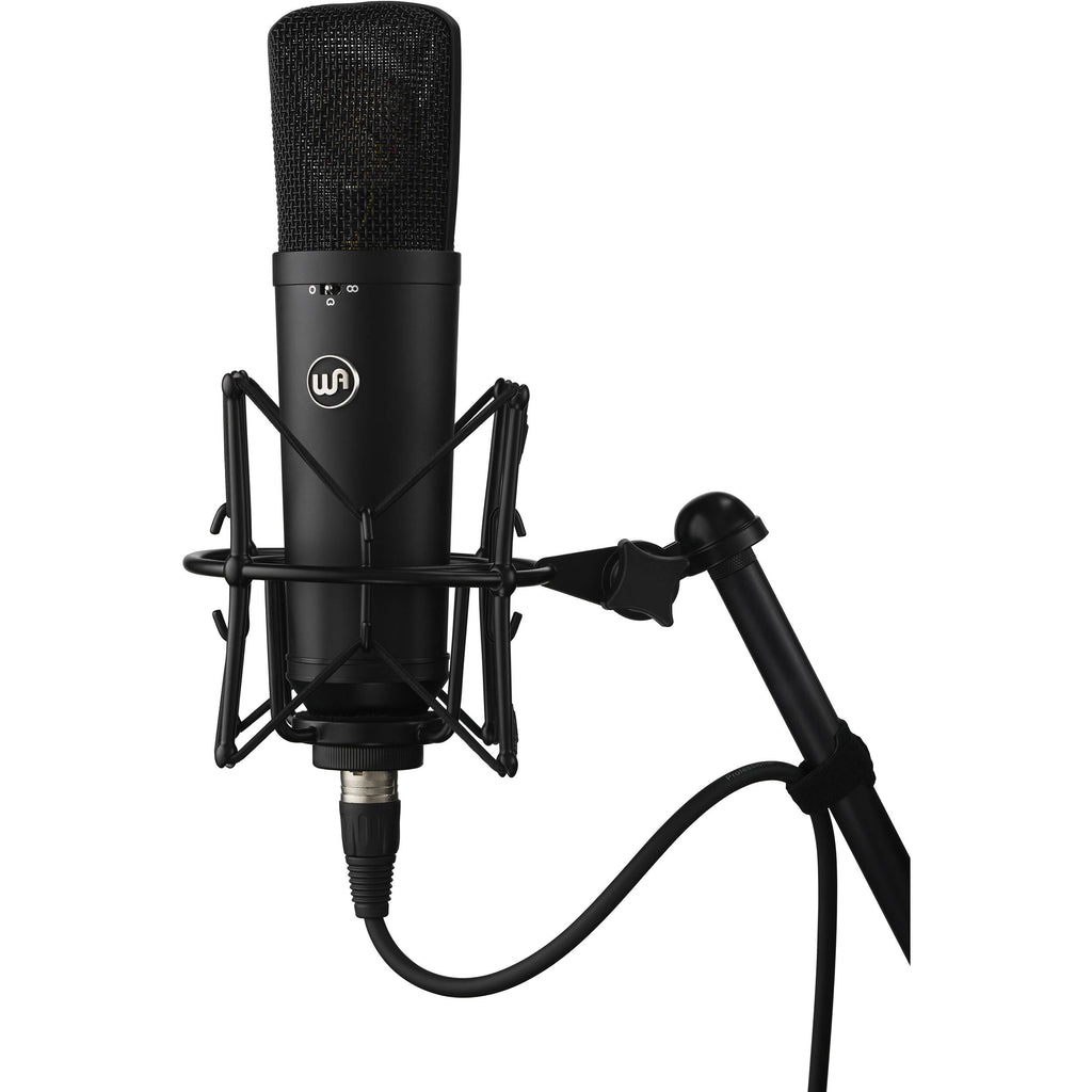 Warm Audio WA-87 R2 condenser microphone shown with metal body and vintage-style grille, ideal for studio recording.